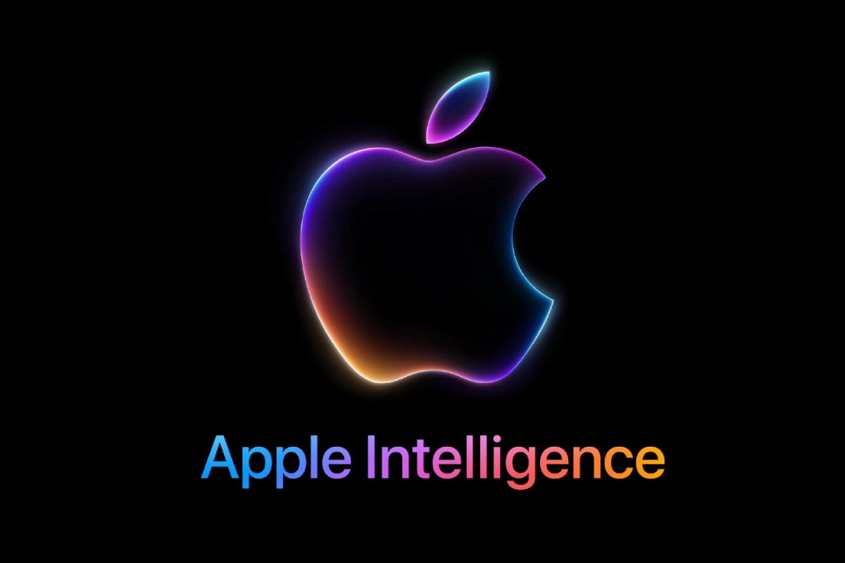 Siyah zemin üzerinde gökkuşağı renklerinde parlayan Apple logosu ve altında Apple Intelligence yazısı.
