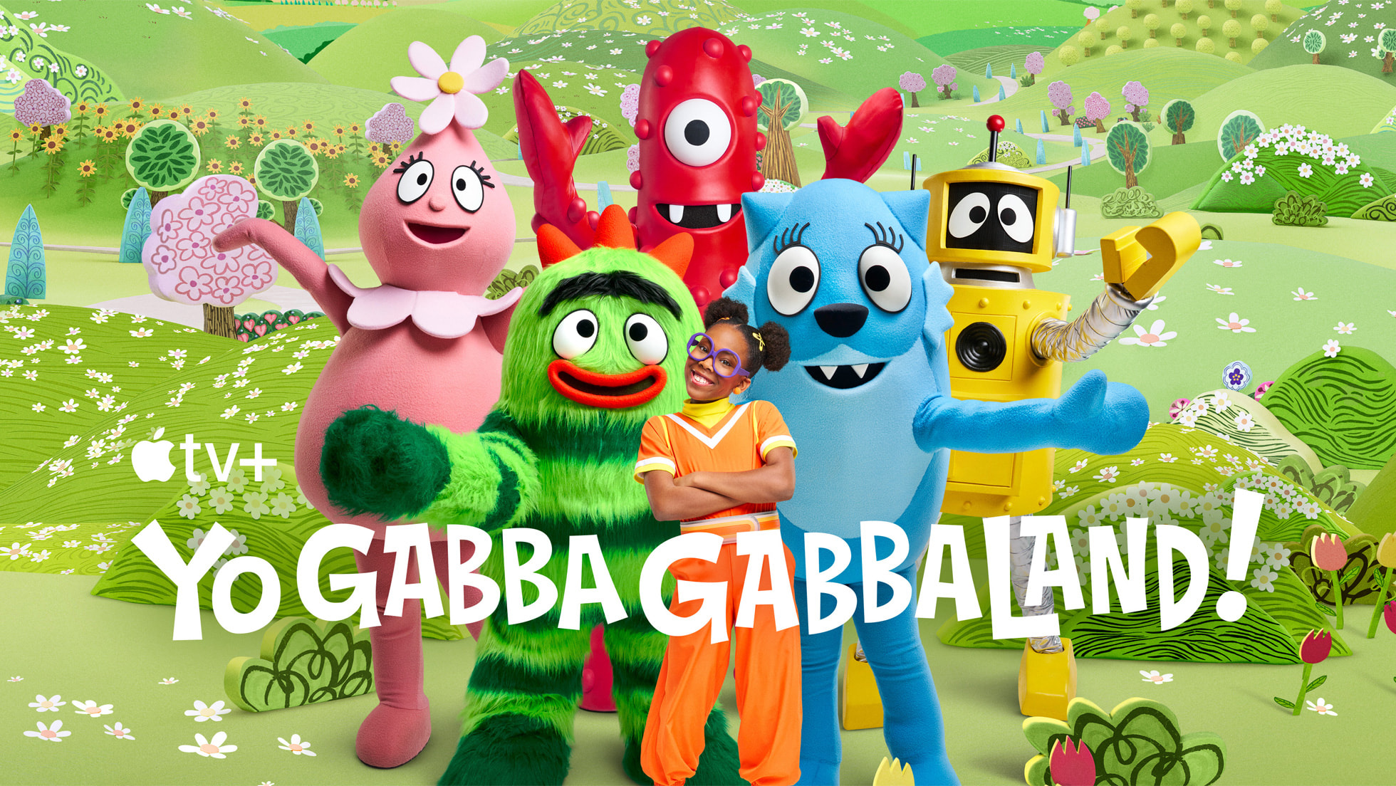 Yo Gabba GabbaLand! tanıtımında çimenlik bir alanda duran renkli çizgi film karakterleri.