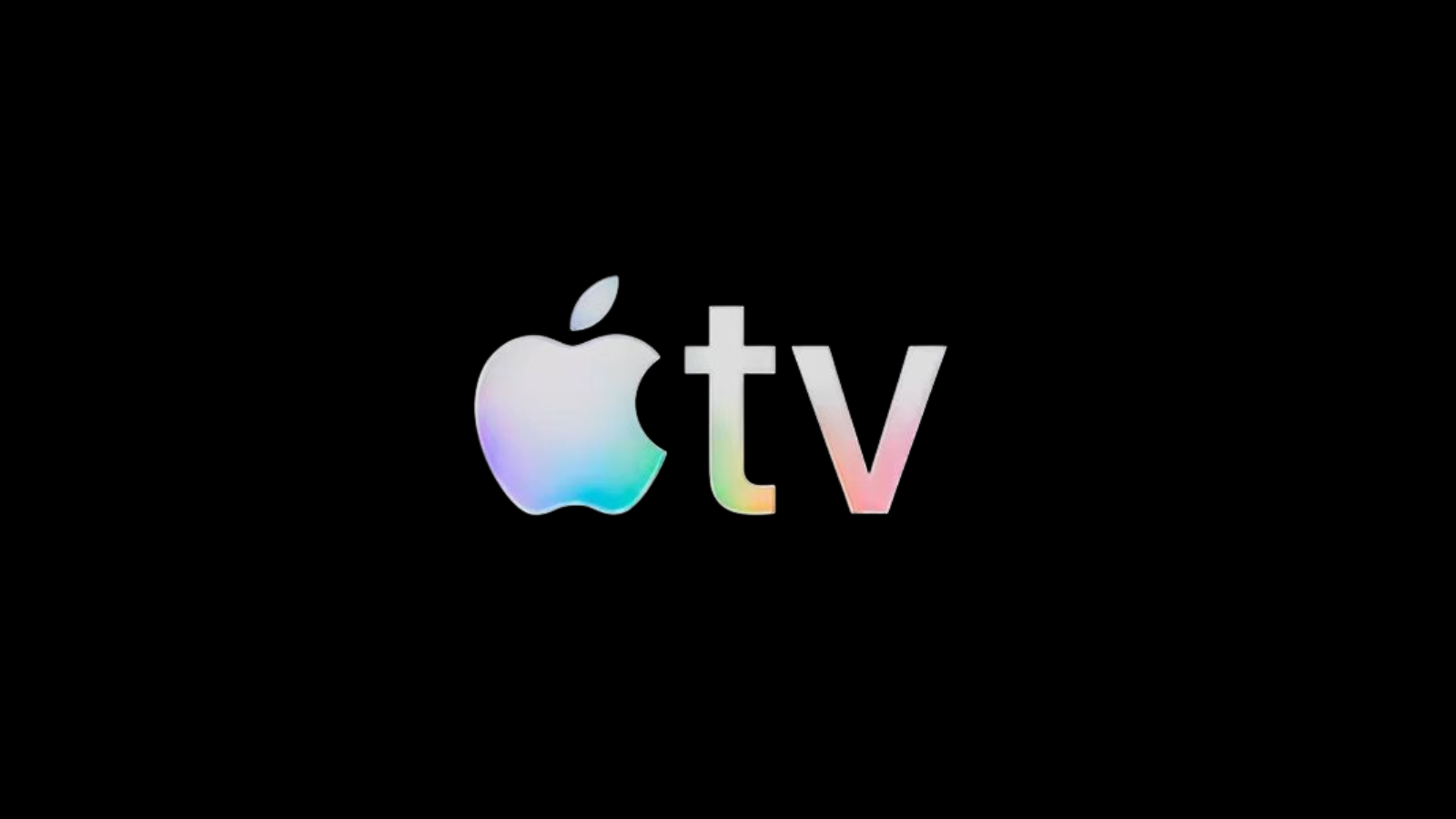 Siyah zemin üzerinde gökkuşağı renklerinde Apple TV logosu.