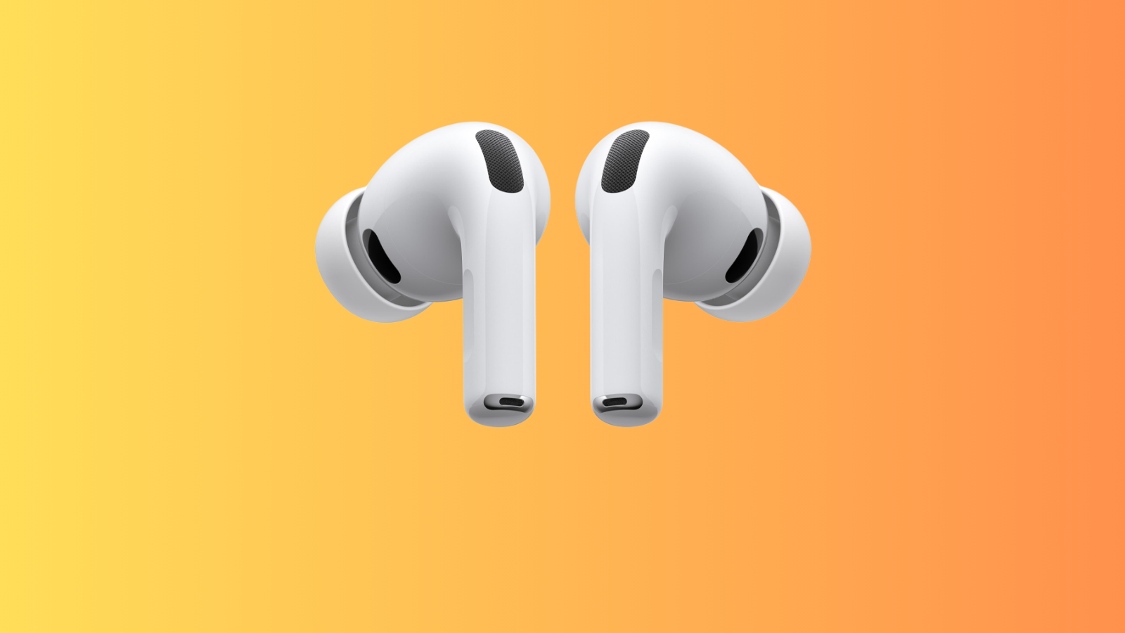 Turuncu-sarı degrade zemin üzerinde yan yana duran iki beyaz AirPods Pro kulaklık.