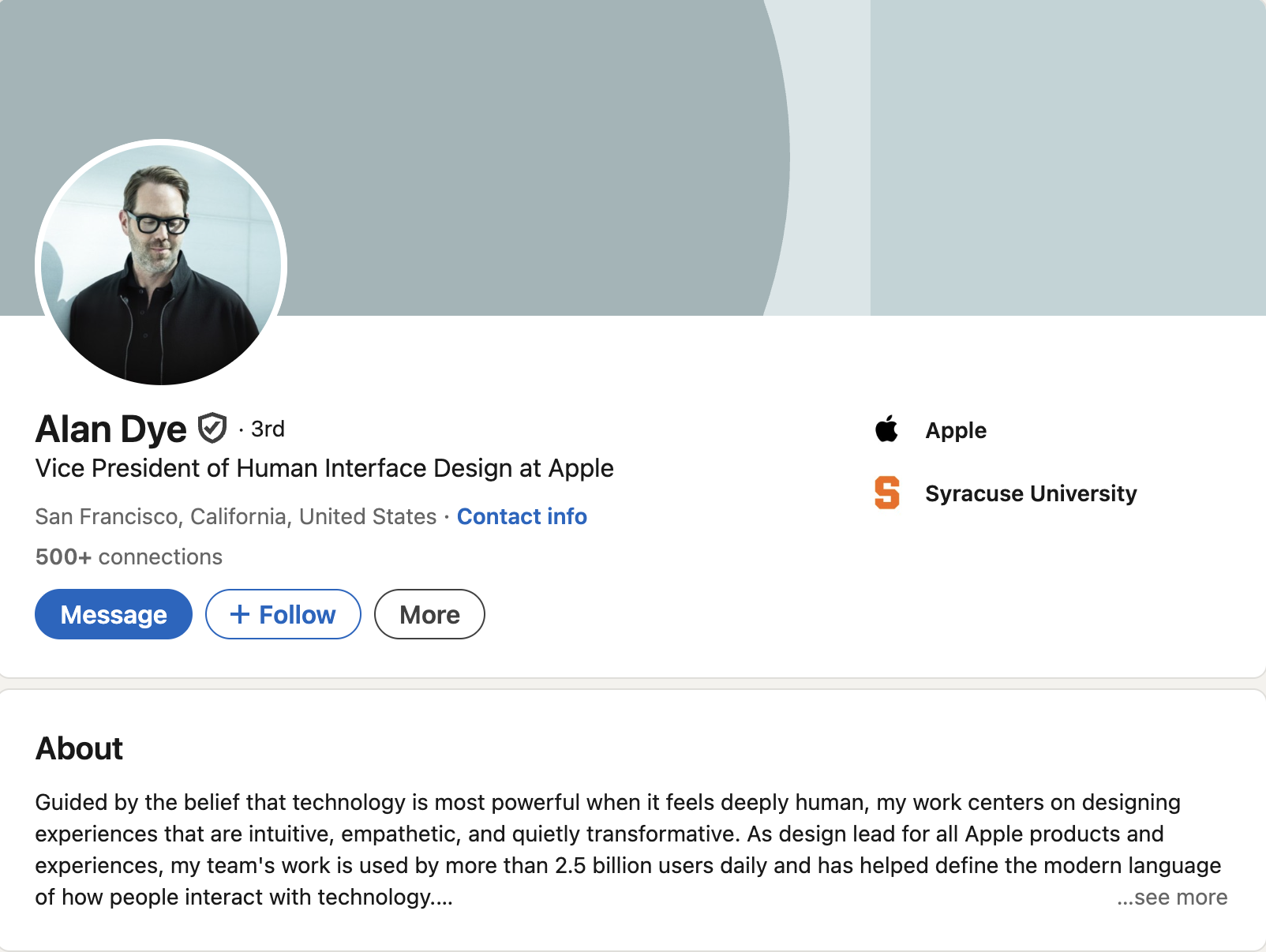 Alan Dye'ın LinkedIn profil sayfasının ekran görüntüsü; unvanı Apple'da İnsan Arayüzü Tasarımı Başkan Yardımcısı.