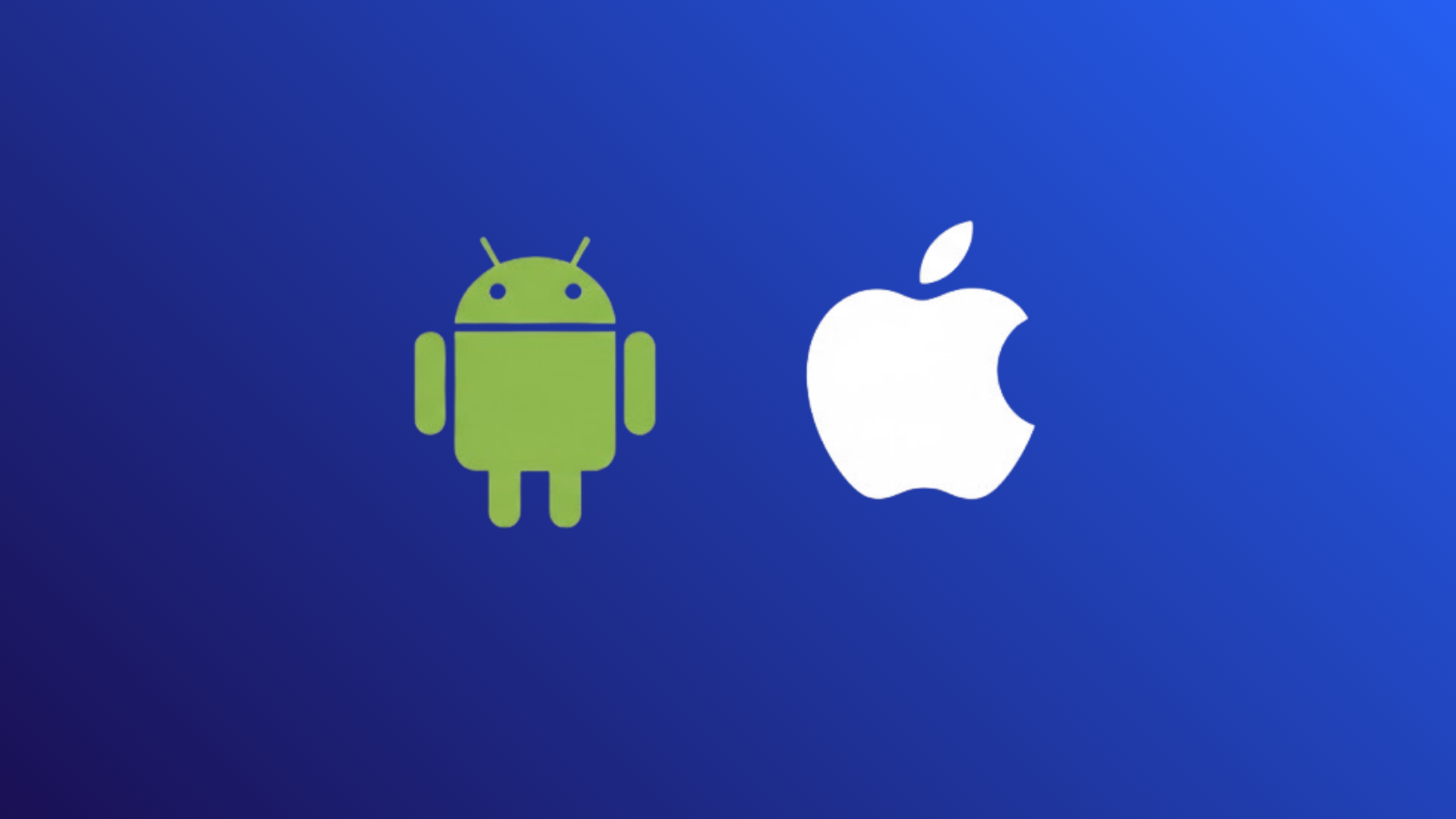 Lacivert degrade zemin üzerinde yan yana duran yeşil Android robotu ve beyaz Apple logosu.