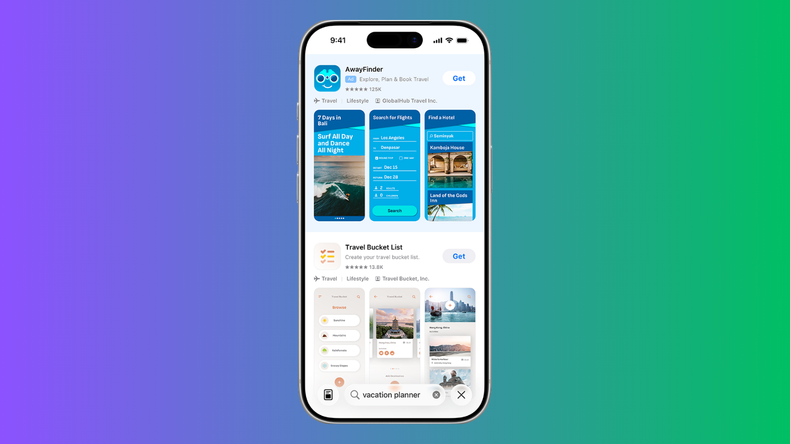 Mor-yeşil degrade zemin önünde bir iPhone; ekranında App Store arama sonuçları ve sponsorlu uygulama kartları.