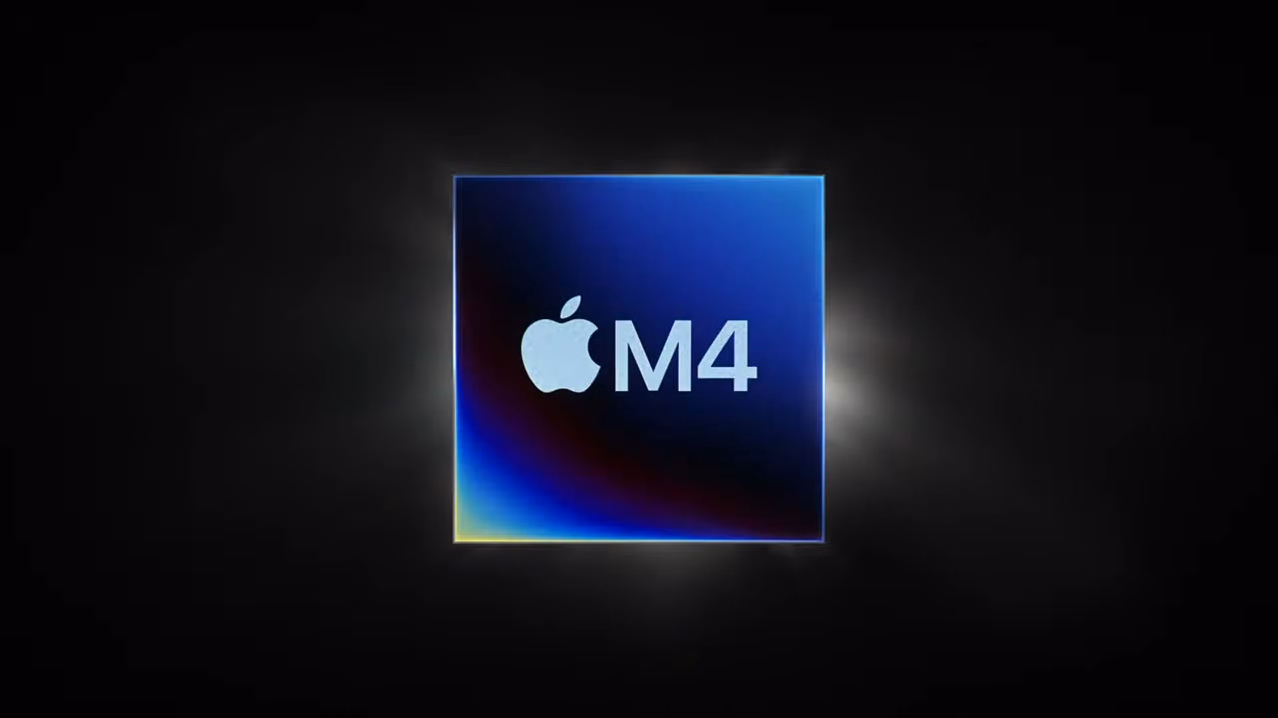 Siyah zemin üzerinde parlayan Apple M4 çipi.