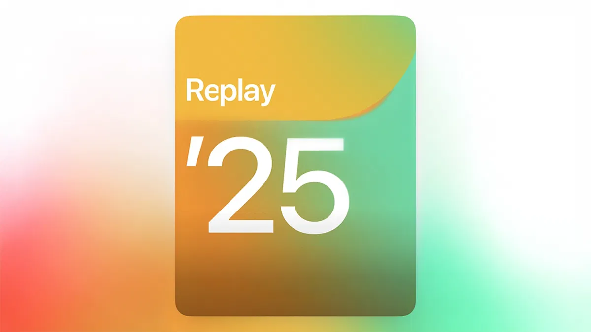 Renkli bir zemin önünde Replay '25 yazılı Apple Music yıllık özet kartı.