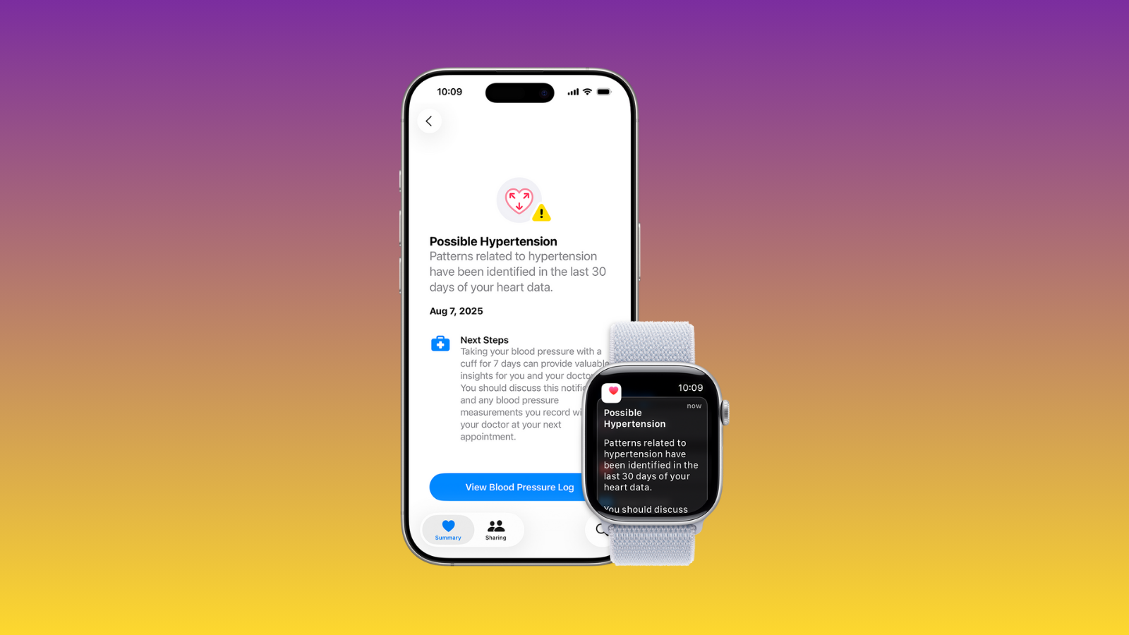 Mor-turuncu degrade zemin önünde bir iPhone ve Apple Watch; ekranlarında olası hipertansiyon bildirimi görünüyor.