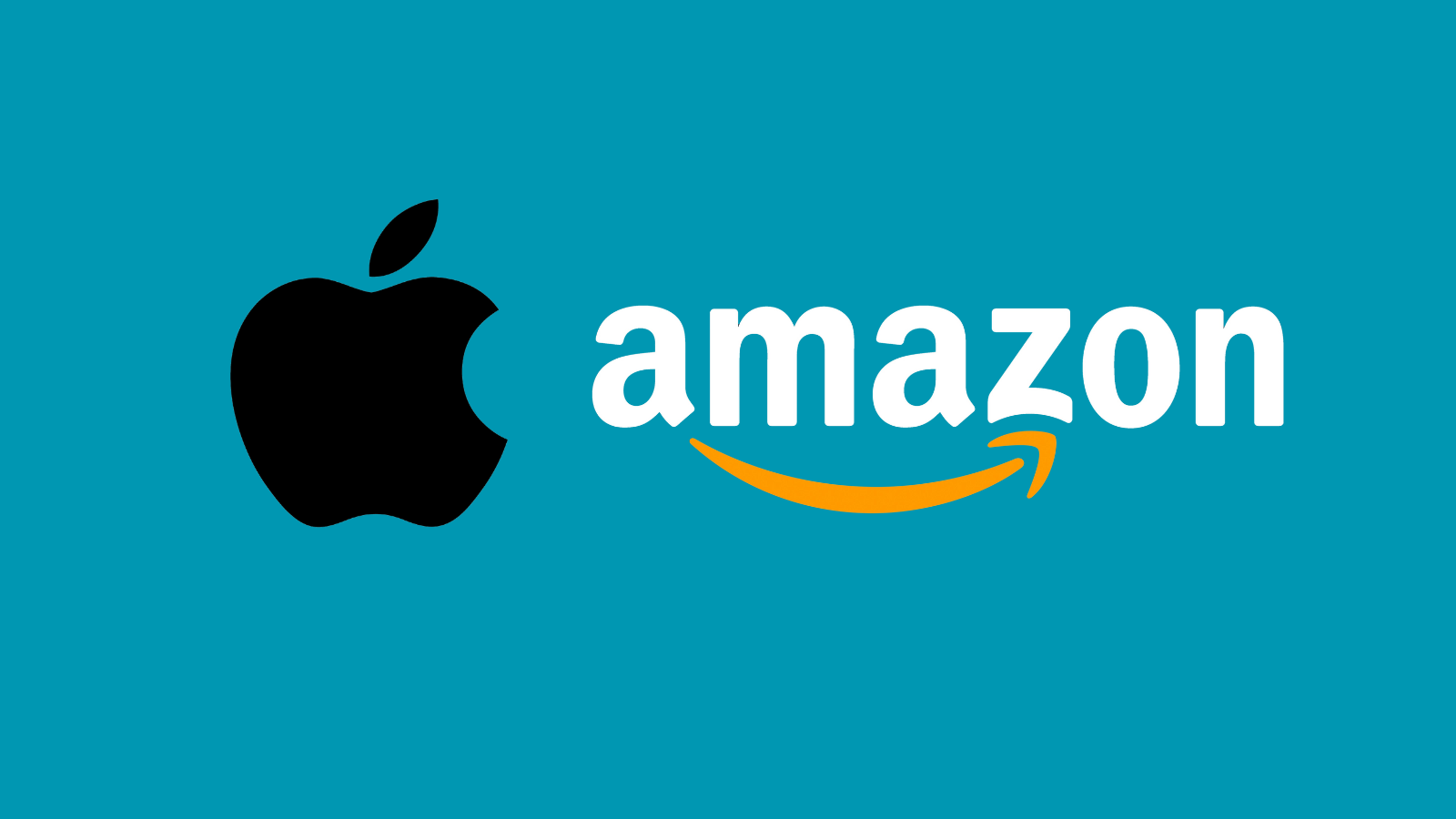 Turkuaz zemin üzerinde yan yana duran siyah Apple logosu ve Amazon logosu.
