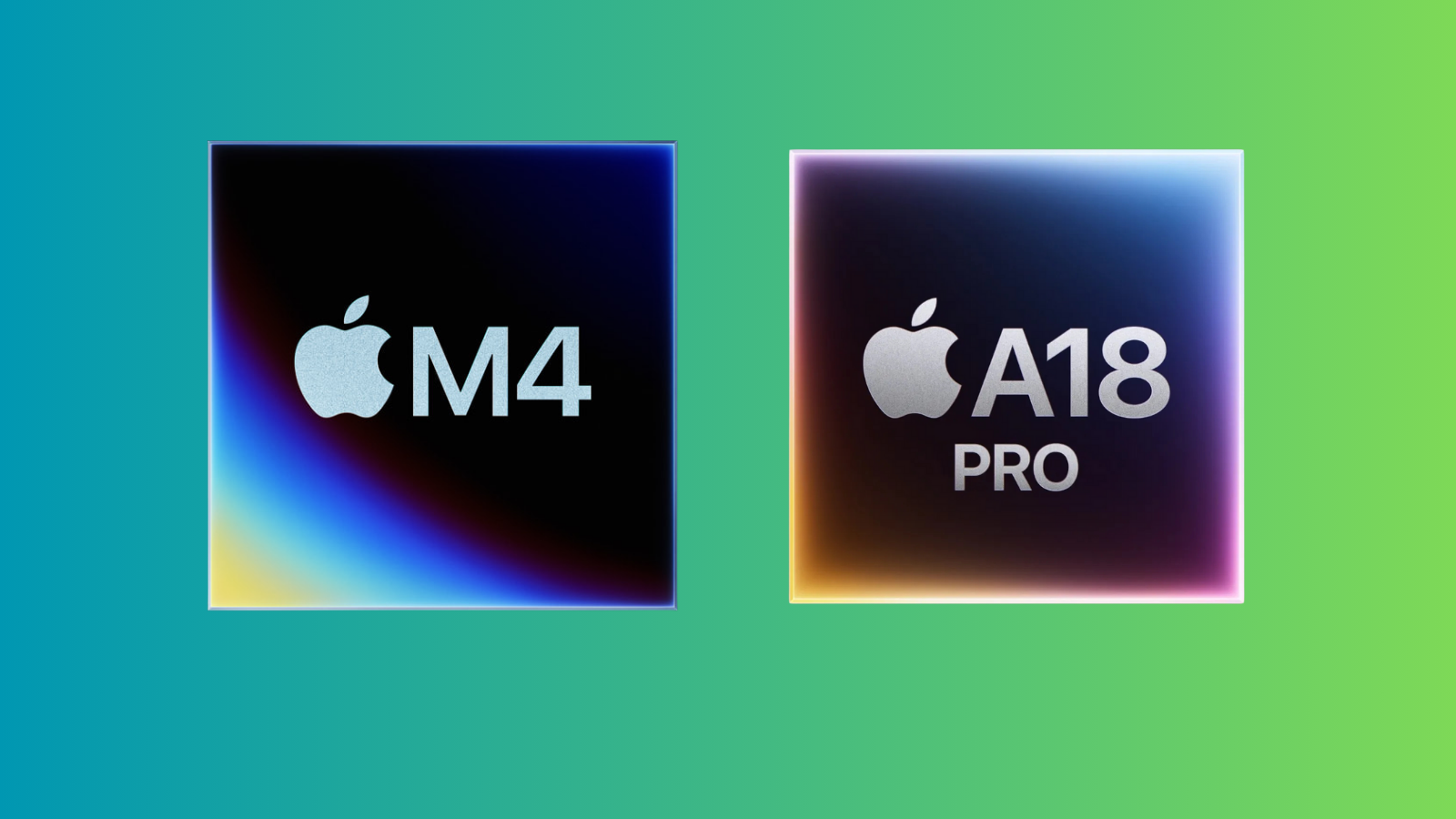 Yeşil-mavi degrade zemin üzerinde yan yana duran Apple M4 ve A18 Pro çipleri.