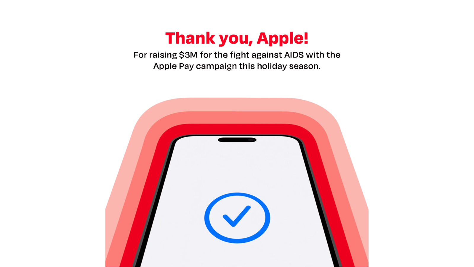 Beyaz zemin üzerinde kırmızı çerçeveli bir telefon çizimi ve Thank you, Apple başlığıyla bağış kampanyası teşekkürü.