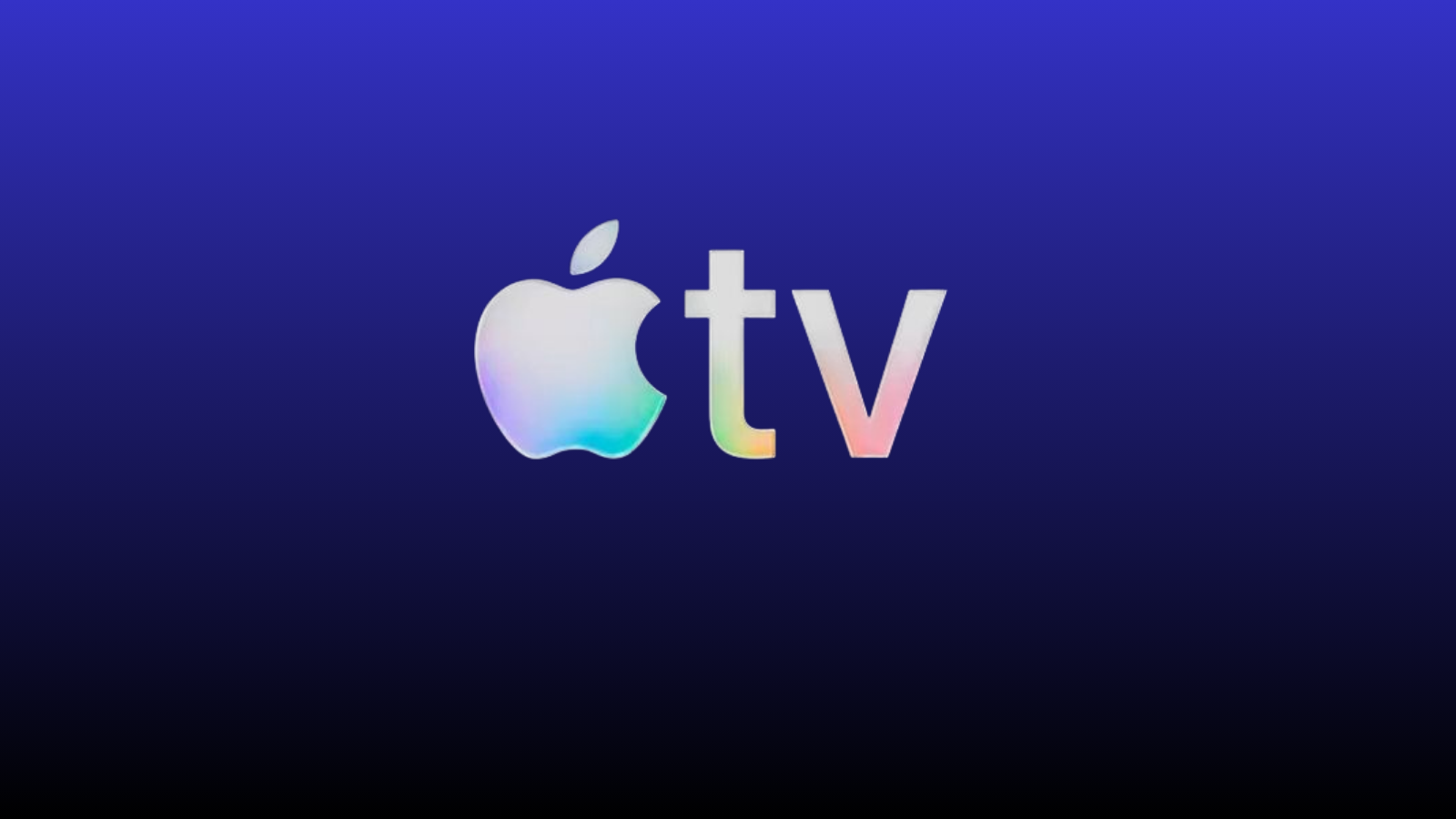 Lacivert degrade zemin üzerinde gökkuşağı renklerinde Apple TV logosu.