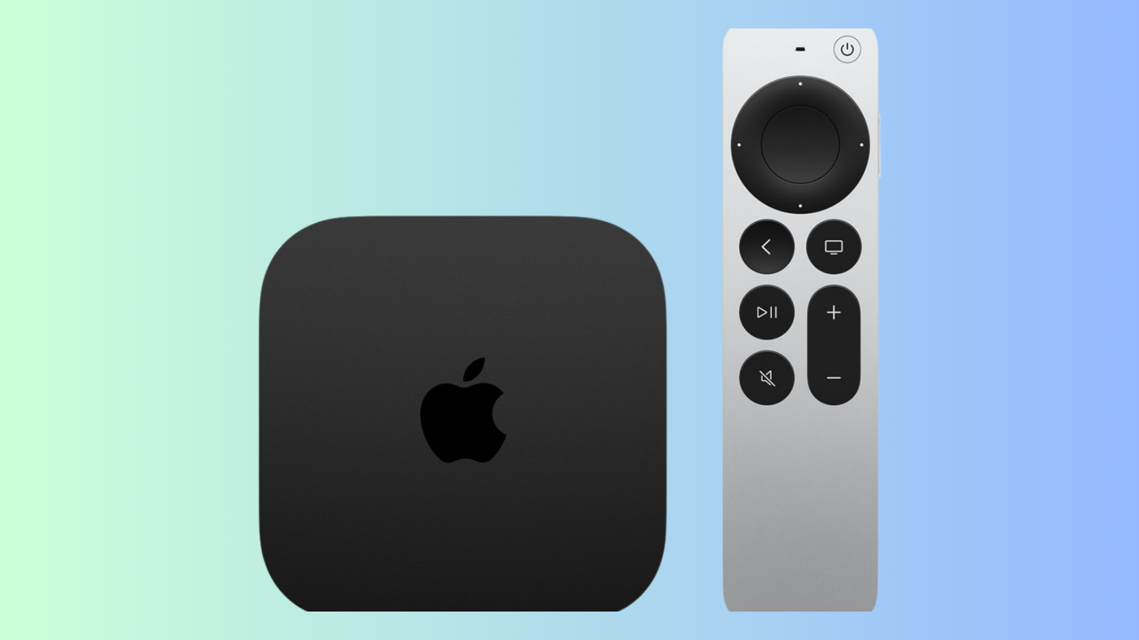 Açık mavi zemin üzerinde siyah Apple TV 4K kutusu ve gümüş renkli Siri Remote kumandası.
