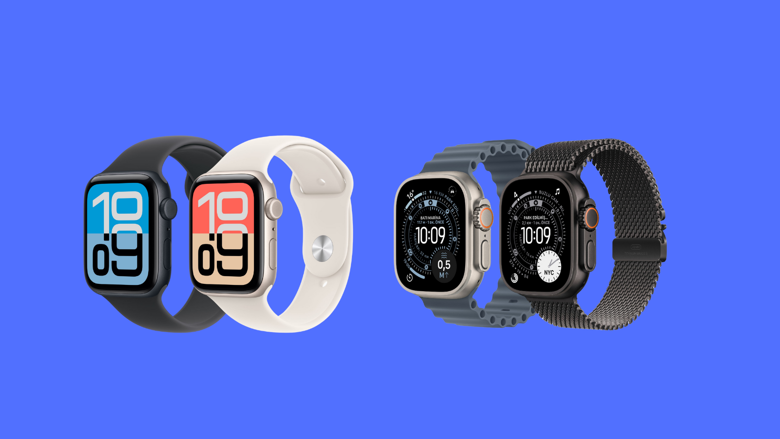 Mavi zemin üzerinde dört Apple Watch modeli; solda Series, sağda titanyum kasalı Ultra modelleri.
