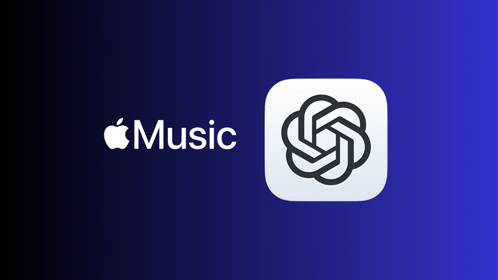 Lacivert zemin üzerinde yan yana duran Apple Music logosu ve OpenAI'nin ChatGPT simgesi.