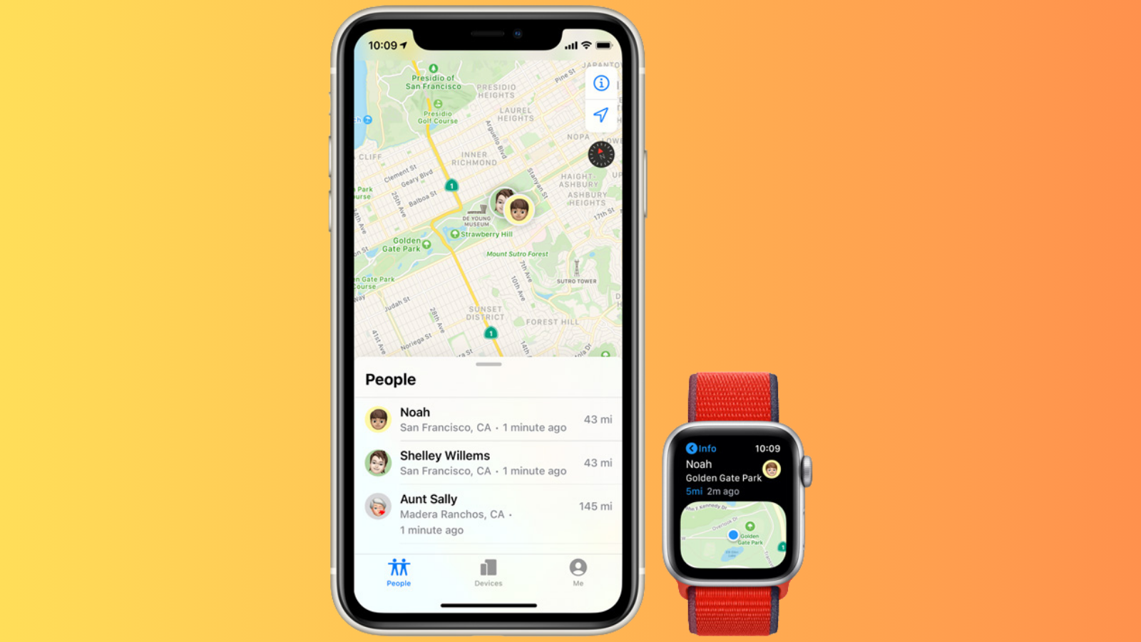 Turuncu degrade zemin önünde Bul uygulamasının harita ekranını gösteren bir iPhone ve kırmızı kordonlu Apple Watch.