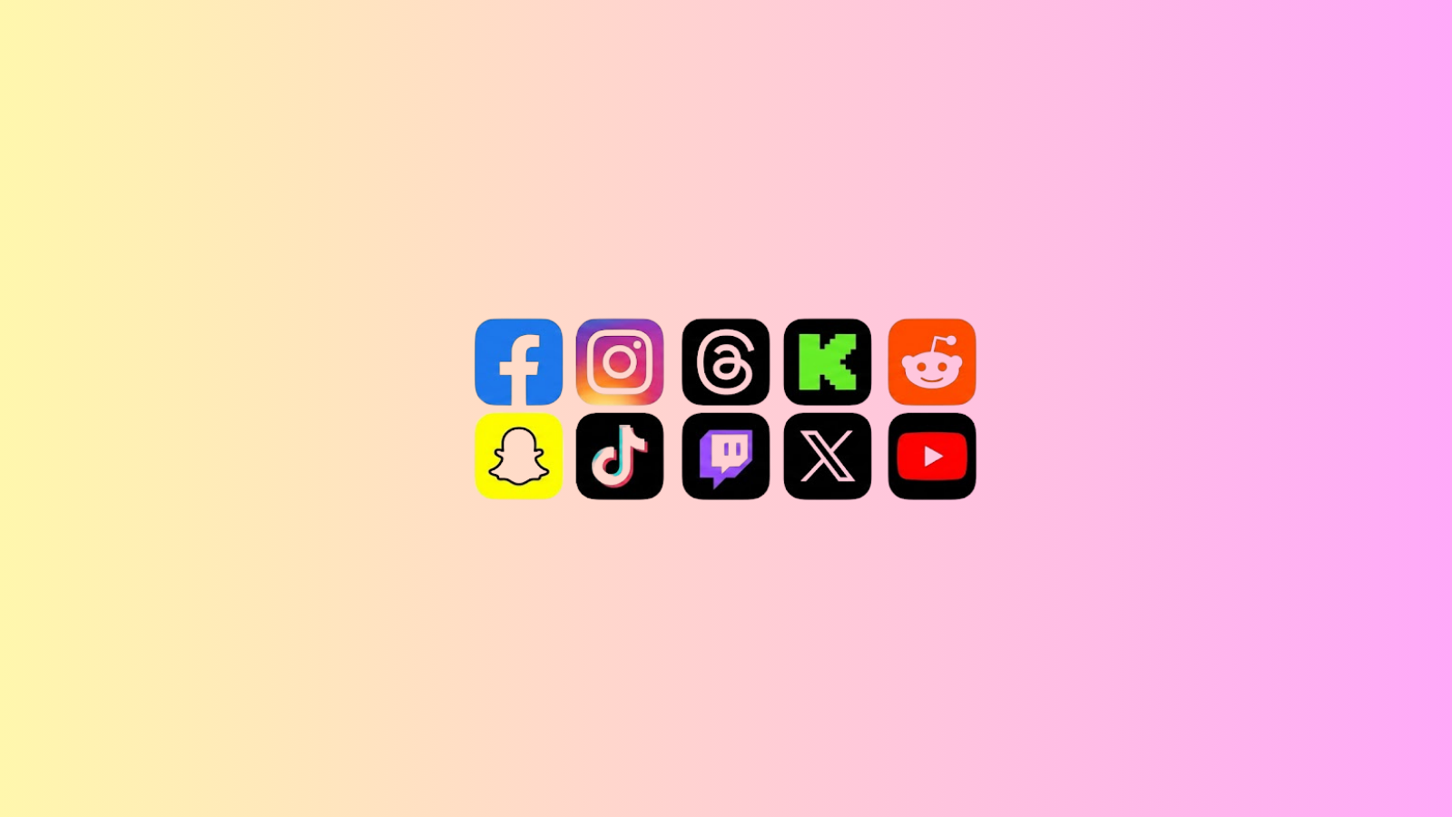 Pastel zemin üzerinde Facebook, Instagram, Threads, Snapchat, TikTok, X ve YouTube gibi sosyal medya uygulama simgeleri.