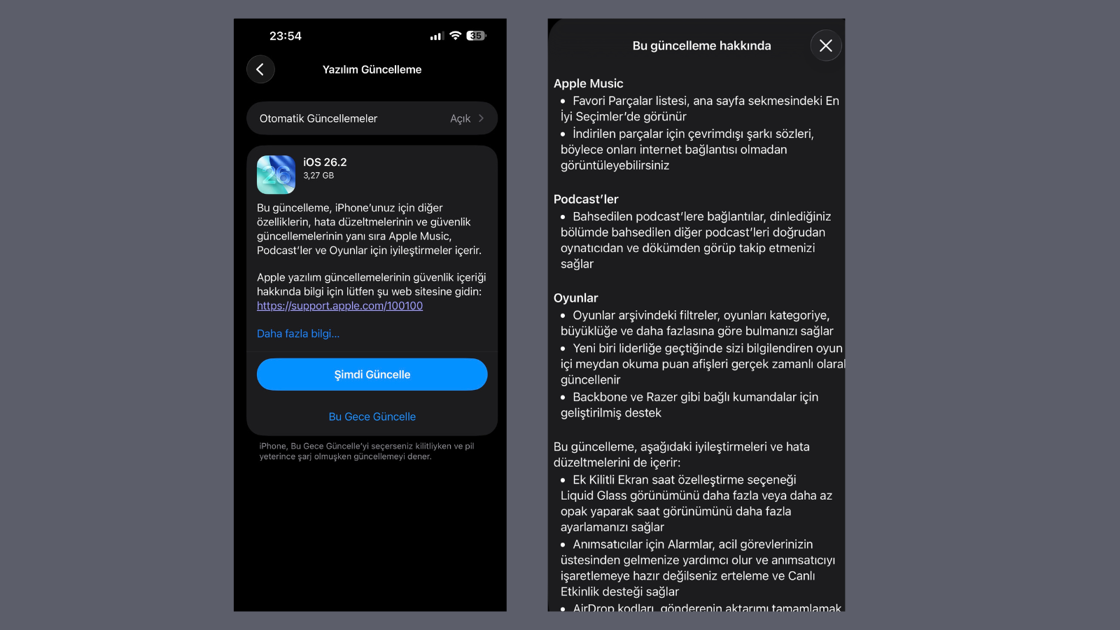 Yan yana iki iPhone ekranı: solda iOS 26.2 yazılım güncelleme sayfası, sağda güncelleme notları.