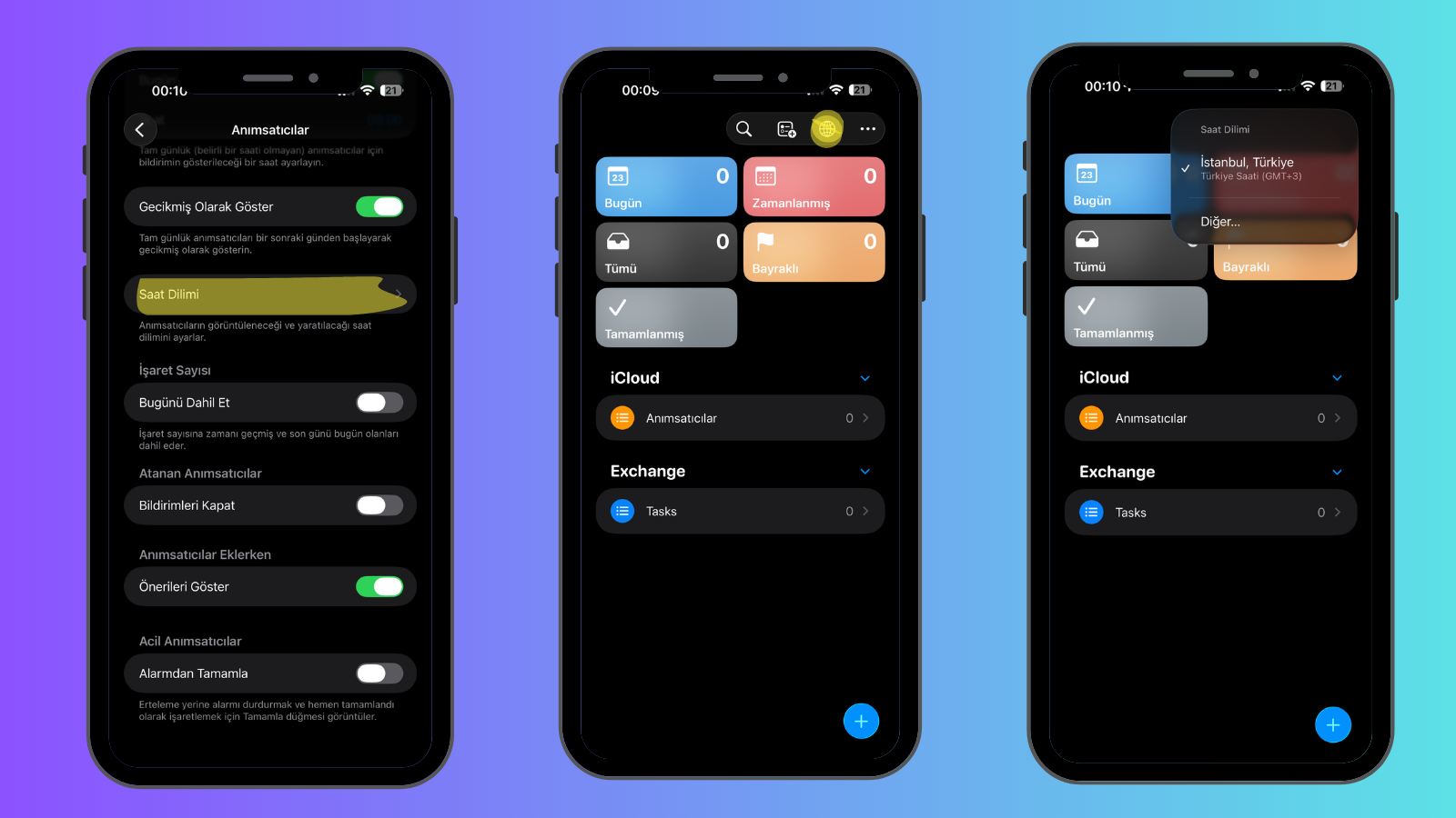 Üç iPhone ekranı yan yana; Anımsatıcılar uygulamasının ayarları ve saat dilimi seçenekleri görünüyor.