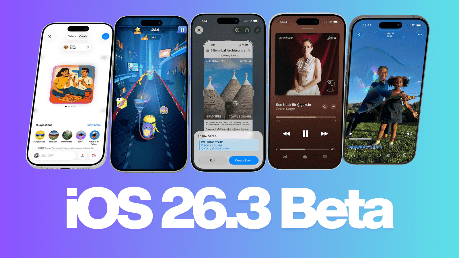 Mavi zemin önünde beş iPhone; farklı ekranlar gösteriliyor, altında iOS 26.3 Beta yazısı.