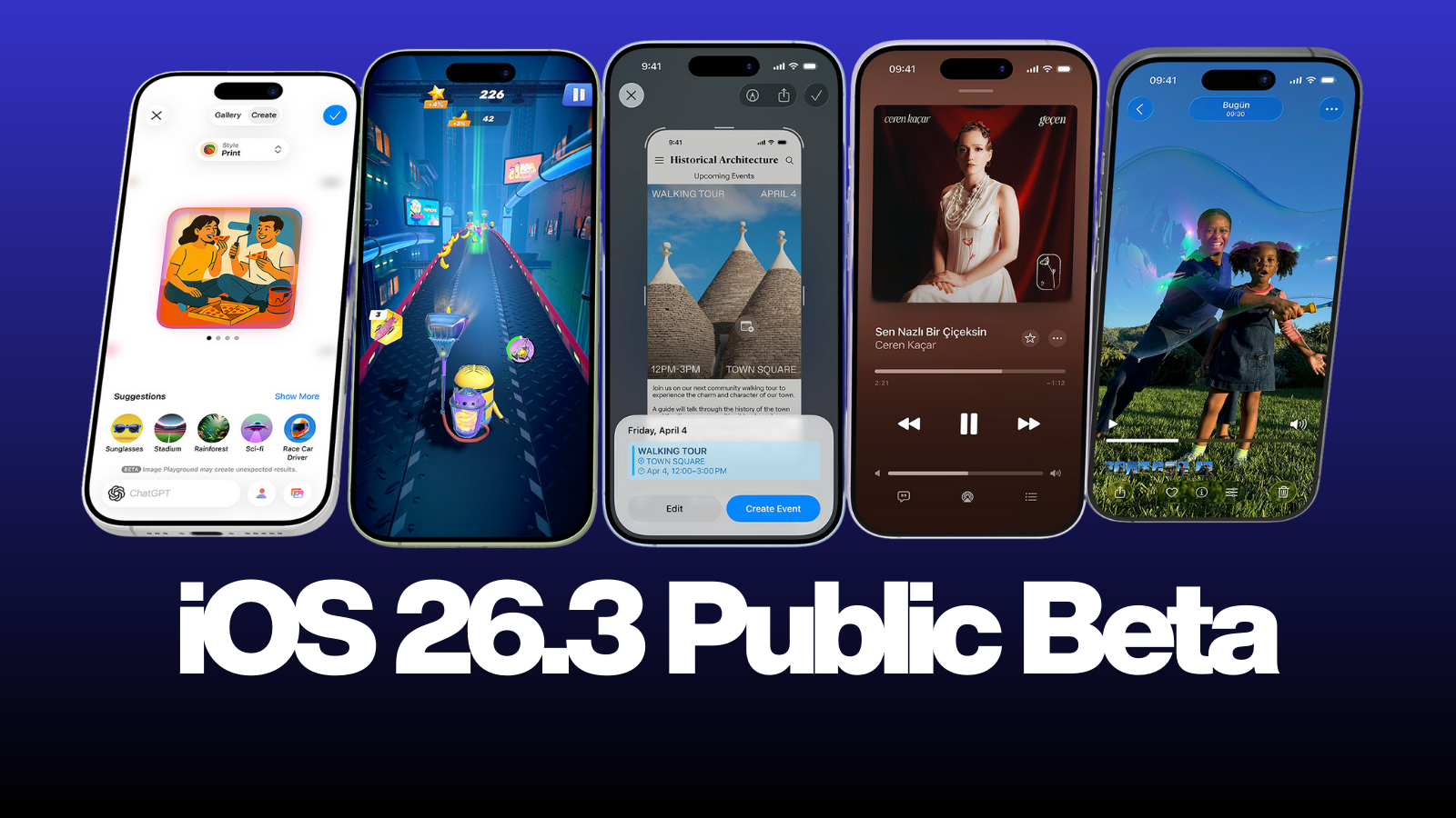 Lacivert zemin önünde beş iPhone; farklı ekranlar gösteriliyor, altında iOS 26.3 Public Beta yazısı.