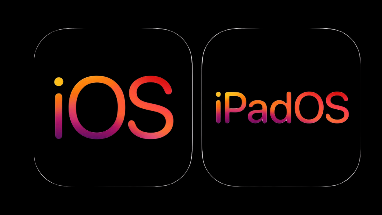 Siyah zemin üzerinde yan yana duran, gökkuşağı renkli harflerle iOS ve iPadOS simgeleri.