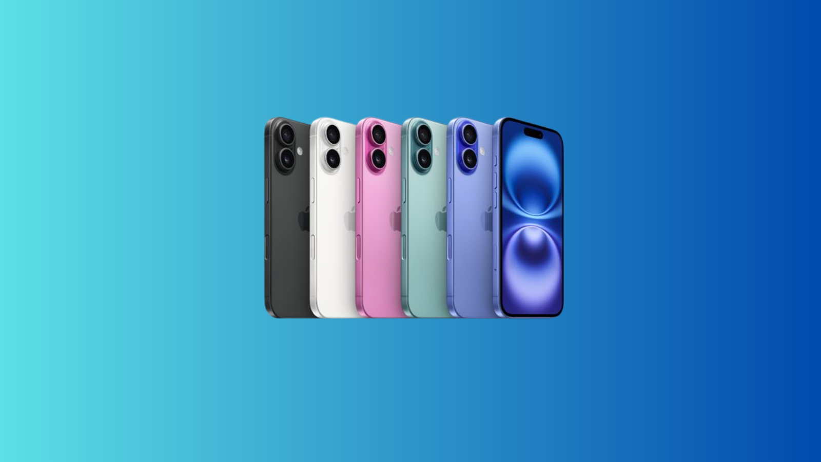 Mavi degrade zemin üzerinde siyah, beyaz, pembe, yeşil ve mor renk seçenekleriyle dizilmiş iPhone 16 modelleri.
