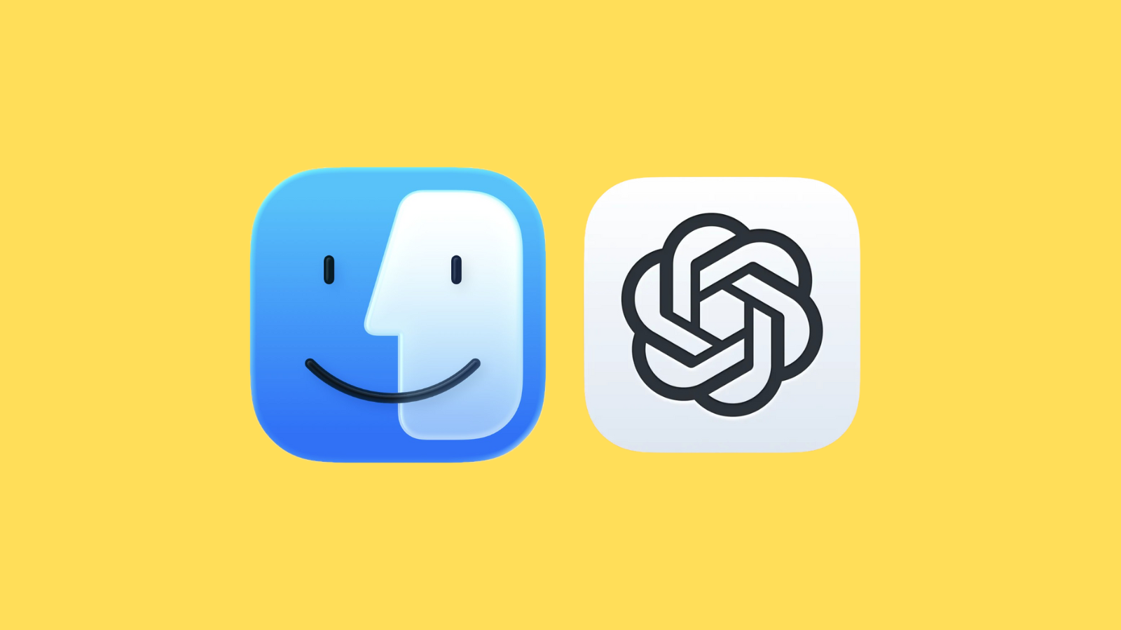 Sarı zemin üzerinde yan yana duran macOS Finder simgesi ve OpenAI'nin ChatGPT simgesi.
