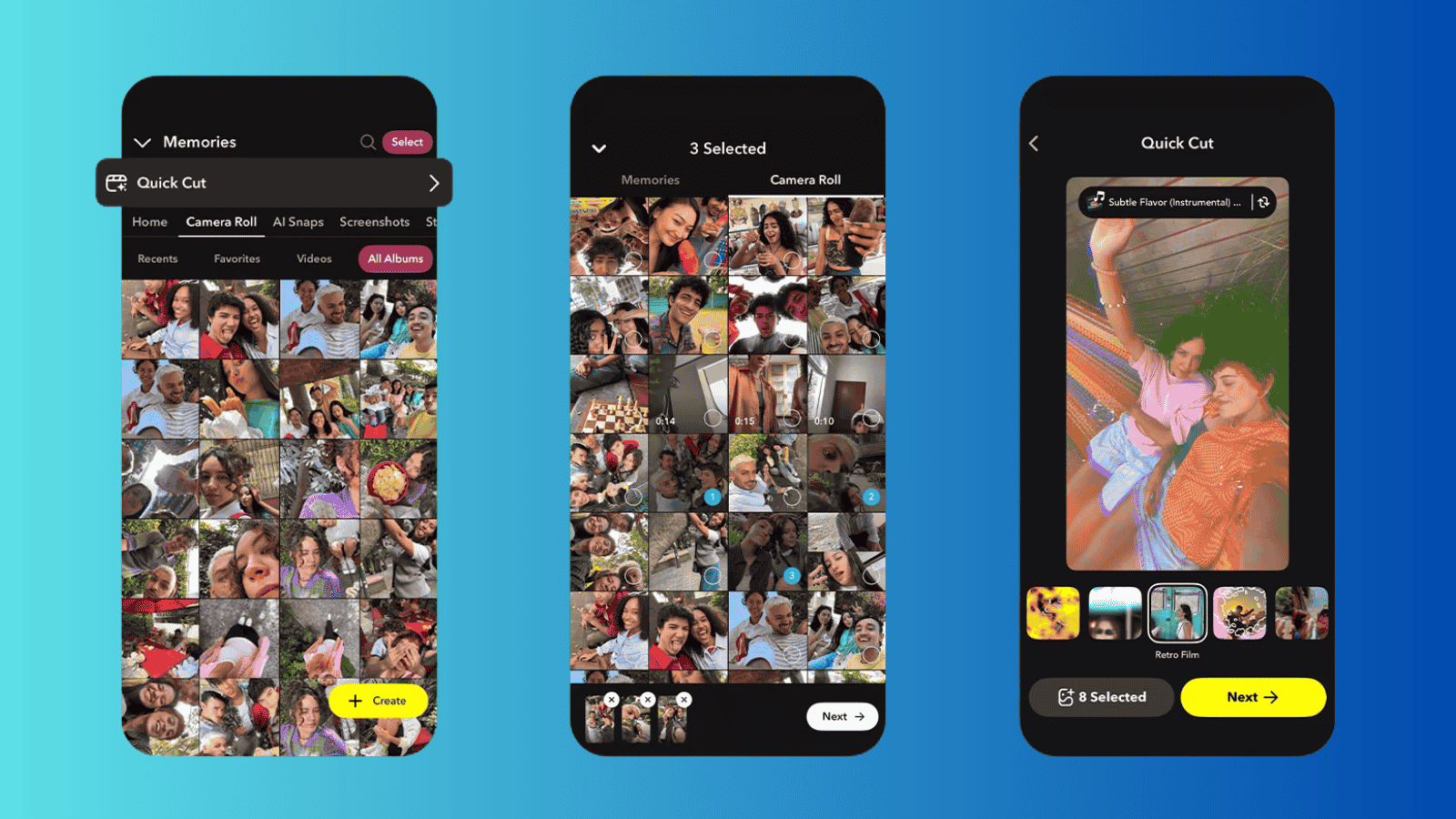 Üç telefon ekranı yan yana; Snapchat Quick Cut uygulamasının fotoğraf seçme ve kurgu arayüzü görünüyor.