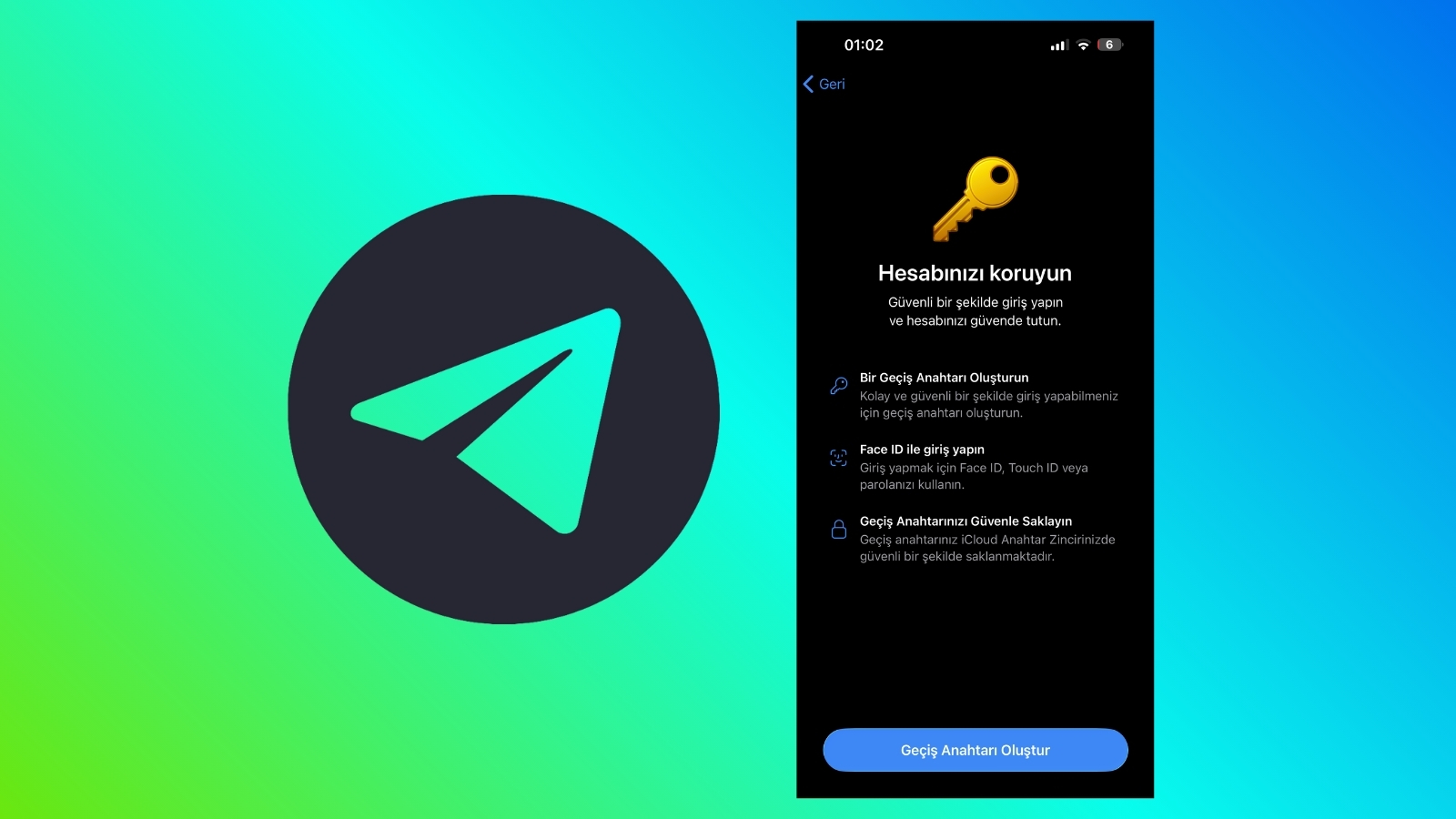 Yeşil-mavi degrade zemin üzerinde Telegram logosu ve yanında şifre anahtarı kurulum ekranı açık bir telefon.