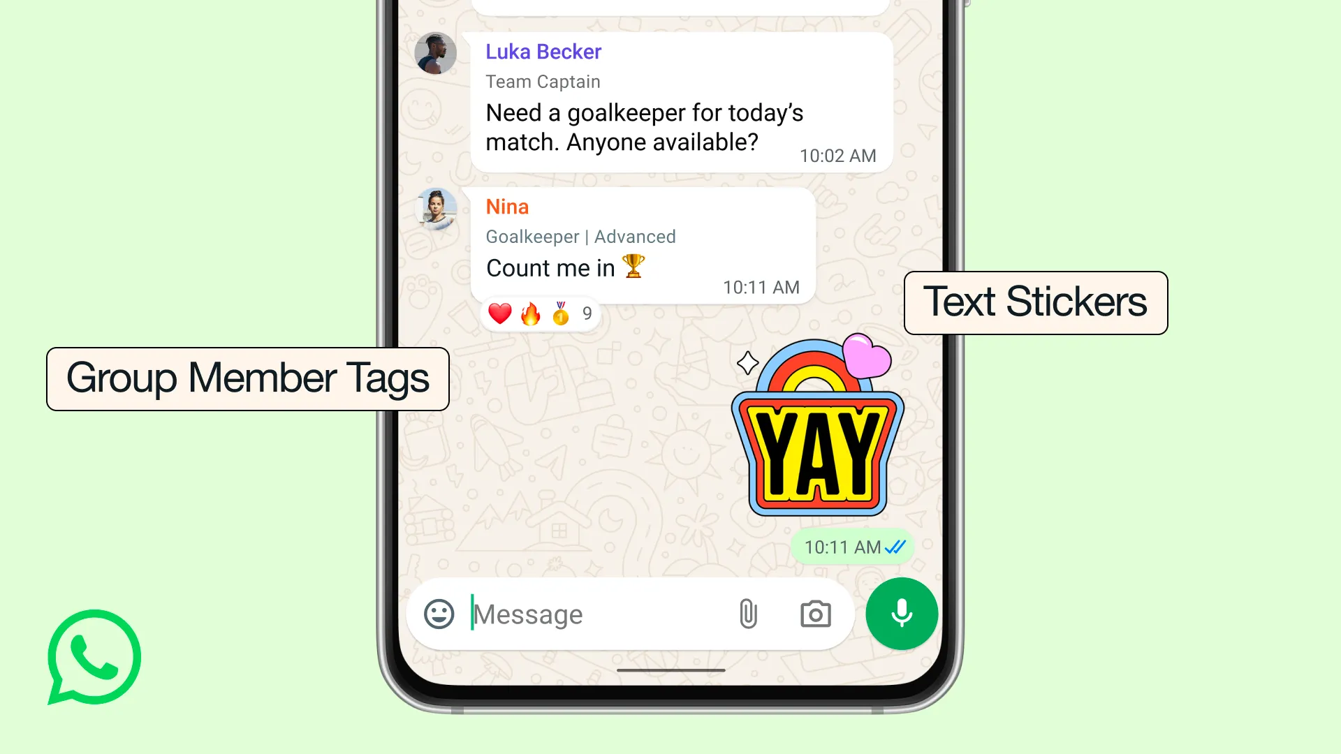 WhatsApp grup sohbeti ekranı; üye etiketleri ve metin çıkartması özellikleri işaretlenmiş.