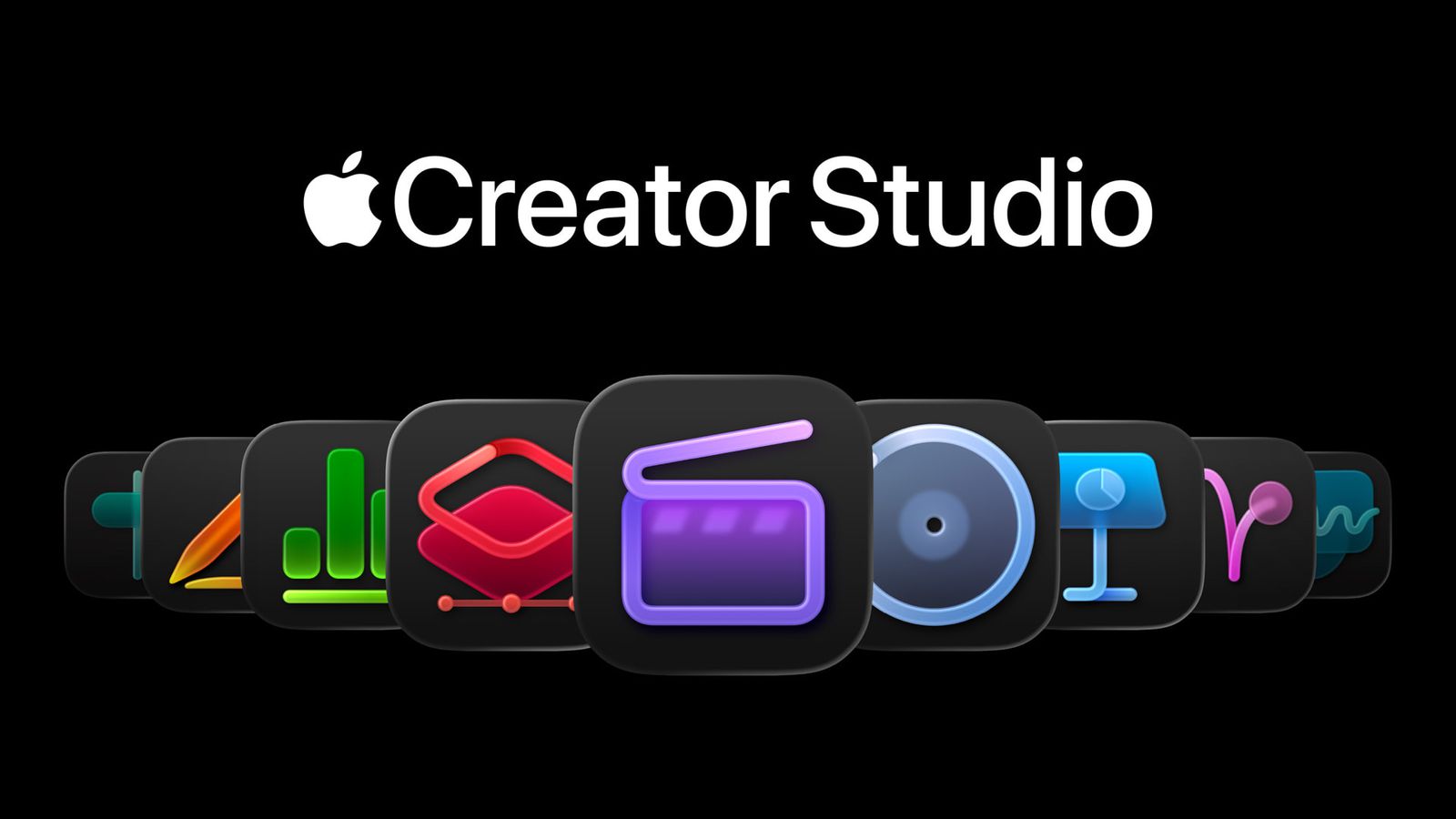 Siyah zemin üzerinde Apple Creator Studio yazısı ve altında Final Cut Pro, Logic Pro gibi uygulama simgeleri.