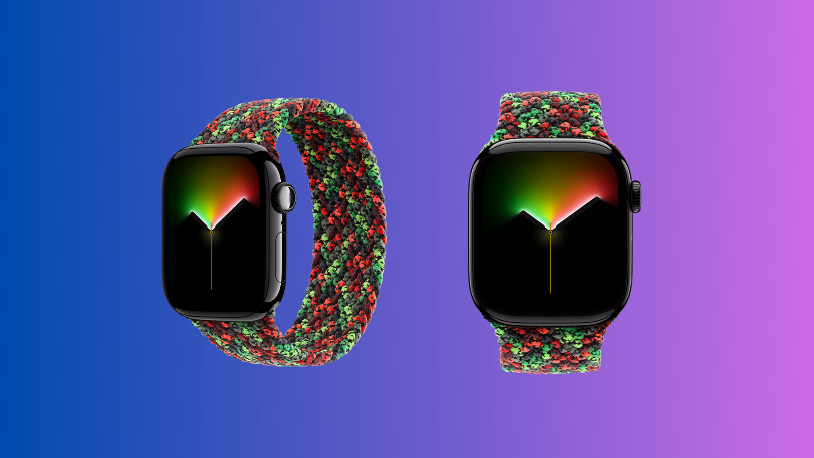 Mavi-mor degrade zemin üzerinde iki Apple Watch; kordonları kırmızı, yeşil ve siyah örgülü Black Unity tasarımında.