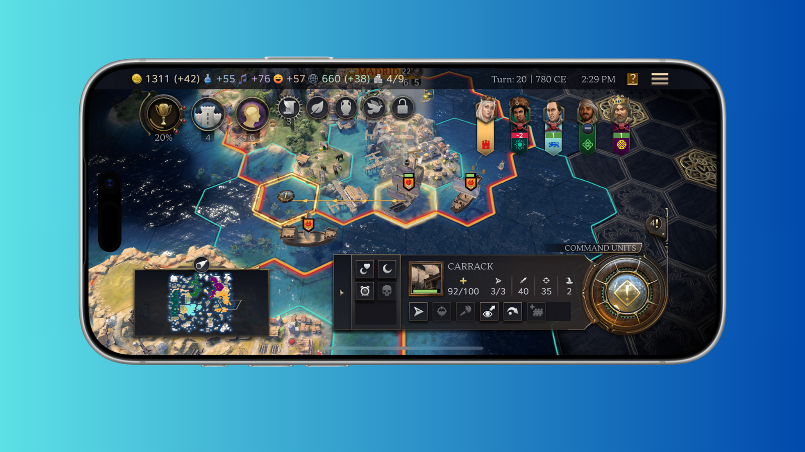 Mavi zemin önünde yatay tutulan bir iPhone; ekranda Civilization VII'nin altıgen haritalı oyun arayüzü.
