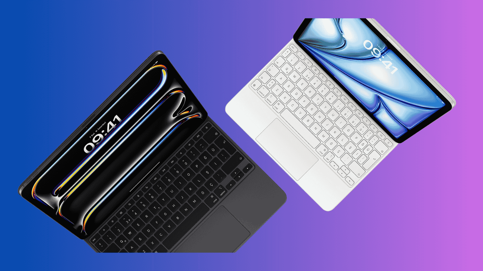 Mor degrade zemin üzerinde iki iPad ve Magic Keyboard; solda siyah, sağda beyaz model.
