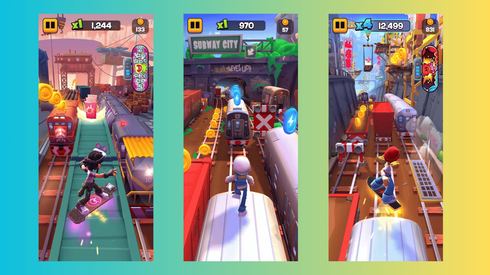 Üç telefon ekranı yan yana; Subway Surfers City oyununda farklı şehir bölgelerinde koşan karakterler.