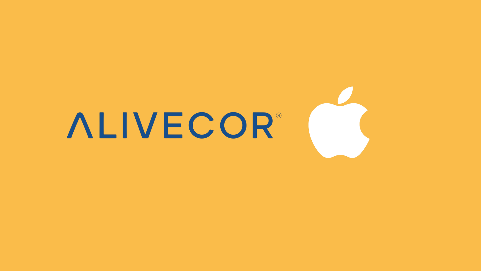 Sarı zemin üzerinde yan yana duran AliveCor logosu ve beyaz Apple logosu.