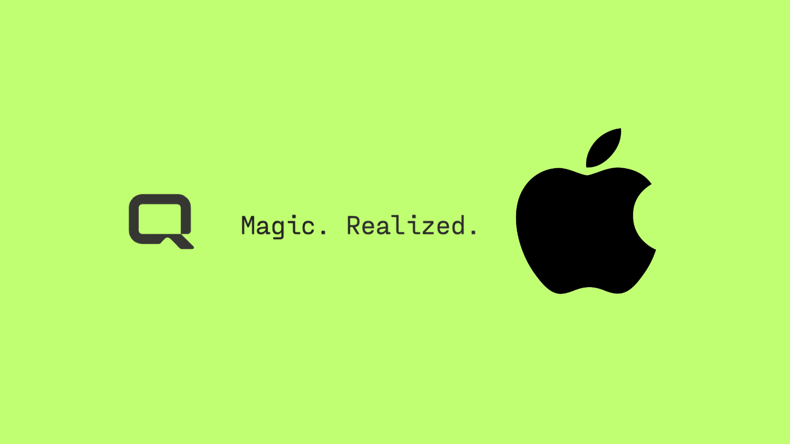 Fıstık yeşili zemin üzerinde Q.AI logosu, Magic. Realized. yazısı ve siyah Apple logosu.