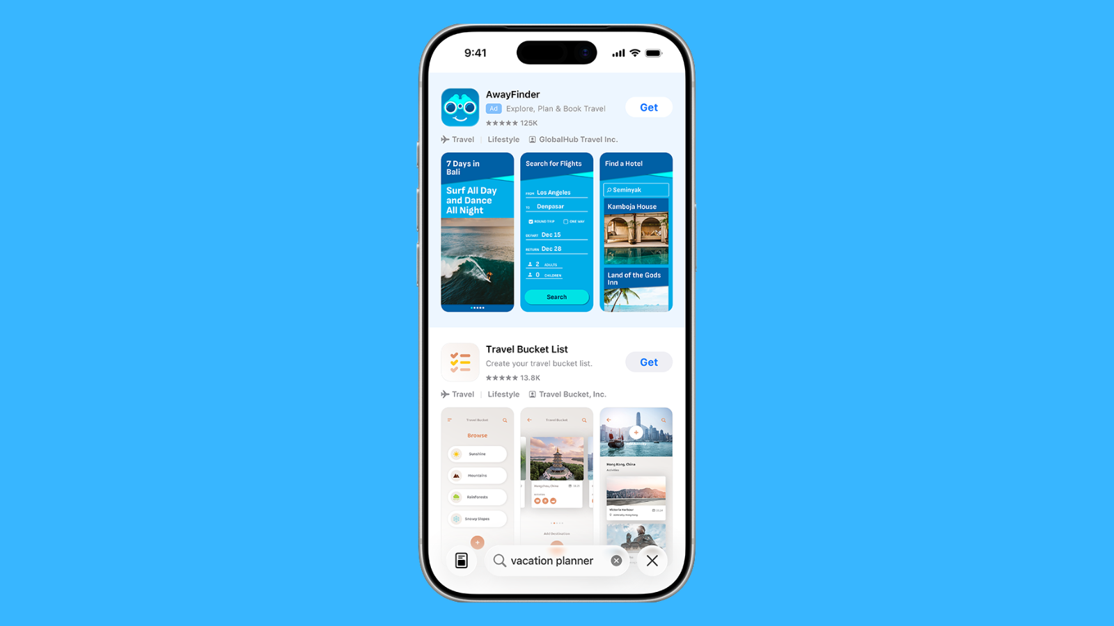 Mavi zemin önünde bir iPhone; ekranında App Store arama sonuçları ve sponsorlu uygulama kartları.