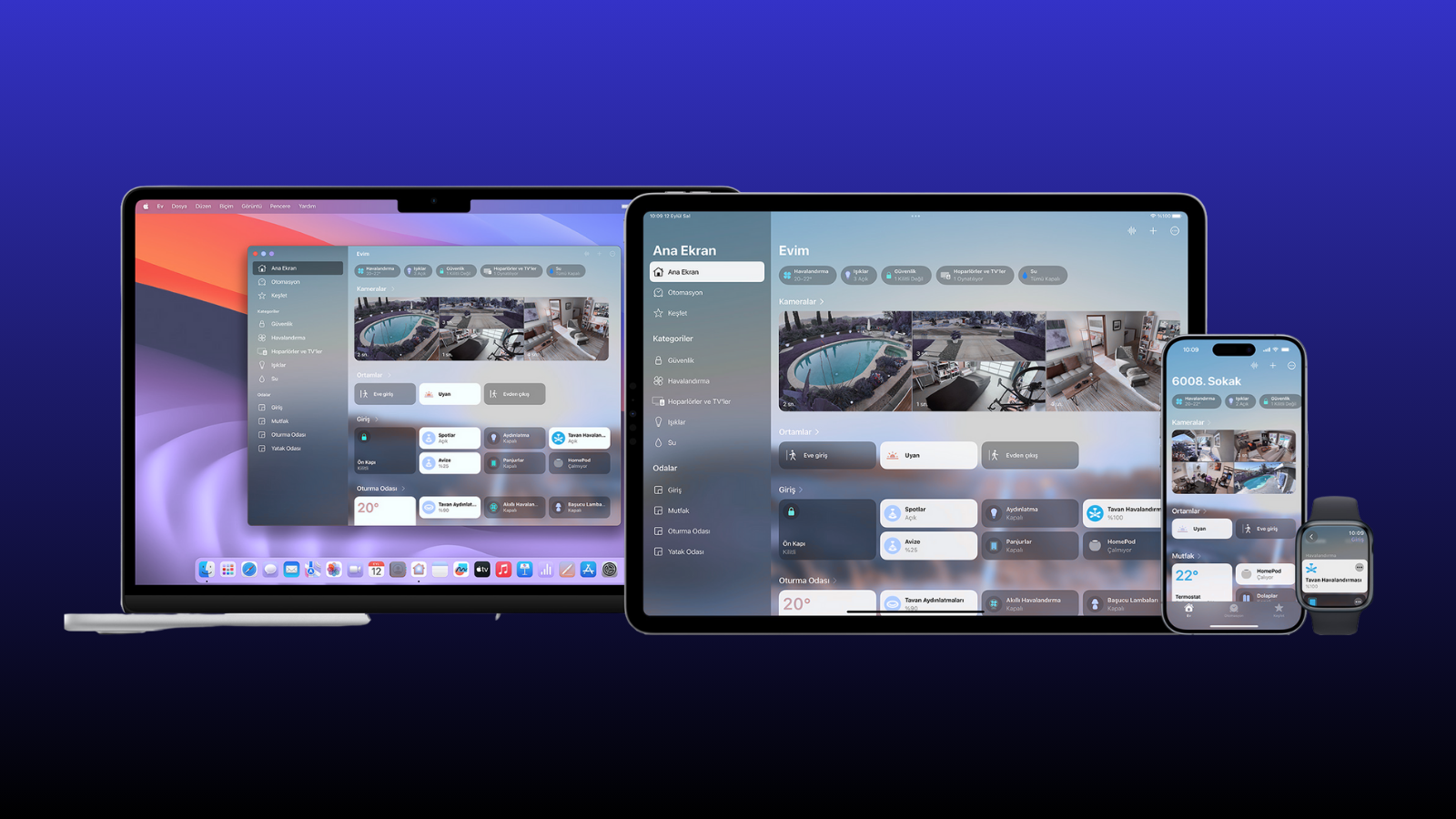 Lacivert zemin üzerinde Ev uygulamasının açık olduğu MacBook, iPad, iPhone ve Apple Watch.