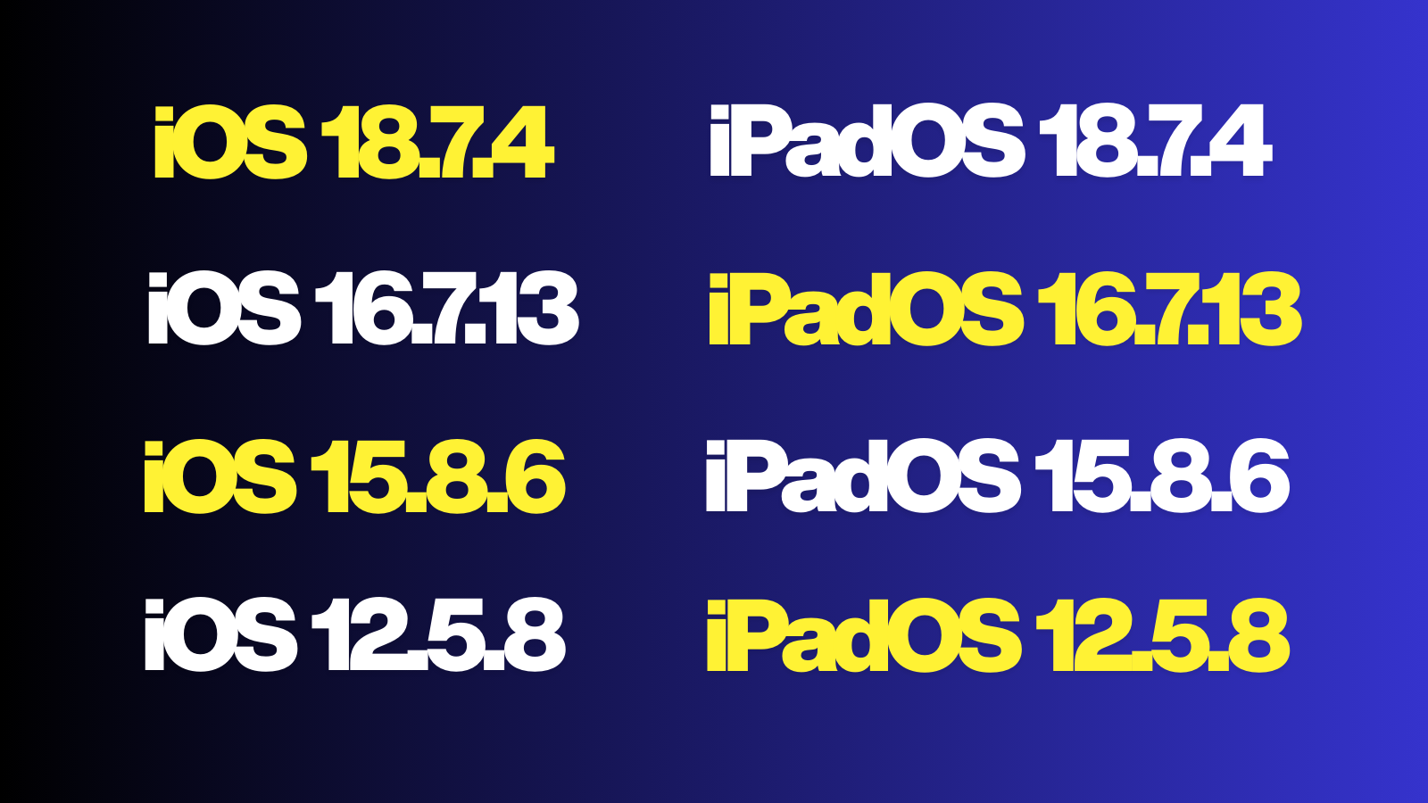 Lacivert zemin üzerinde sarı ve beyaz harflerle iOS ve iPadOS 18.7.4, 16.7.13, 15.8.6 ve 12.5.8 sürüm numaraları.