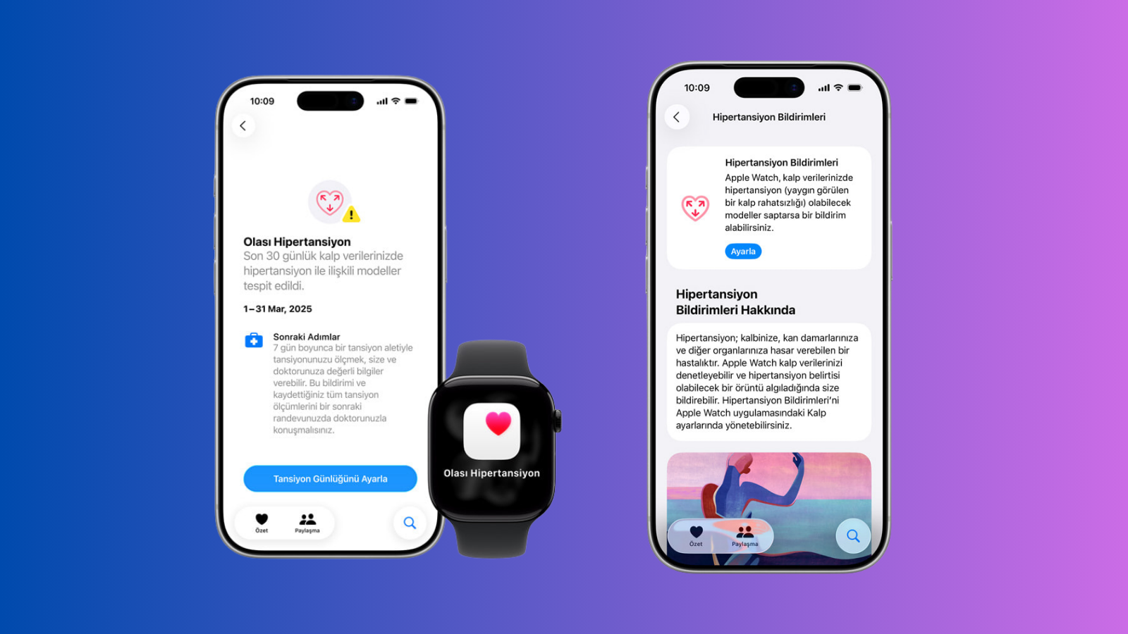Mavi-mor degrade zemin önünde iki iPhone ve bir Apple Watch; ekranlarda Türkçe hipertansiyon bildirimi görünüyor.