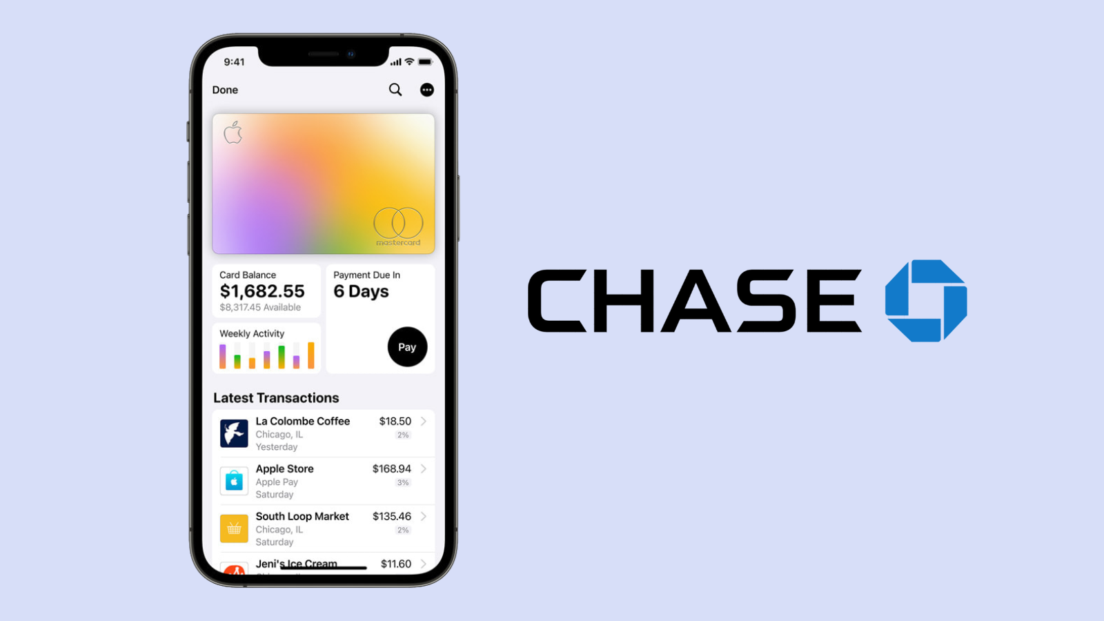 Açık mor zemin üzerinde Apple Card ekstresinin açık olduğu bir iPhone ve yanında Chase logosu.
