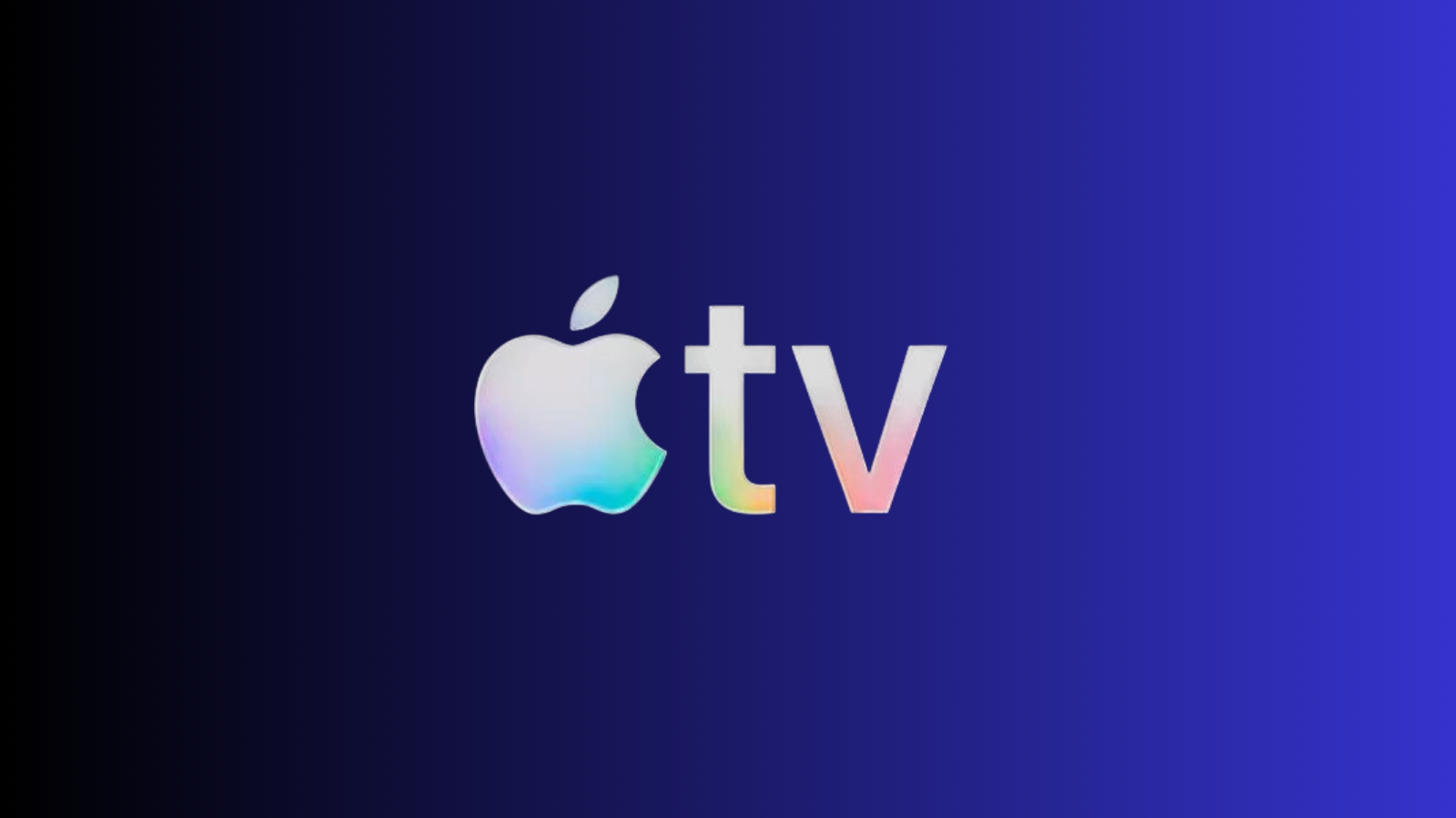 Lacivert degrade zemin üzerinde gökkuşağı renkli Apple TV logosu.