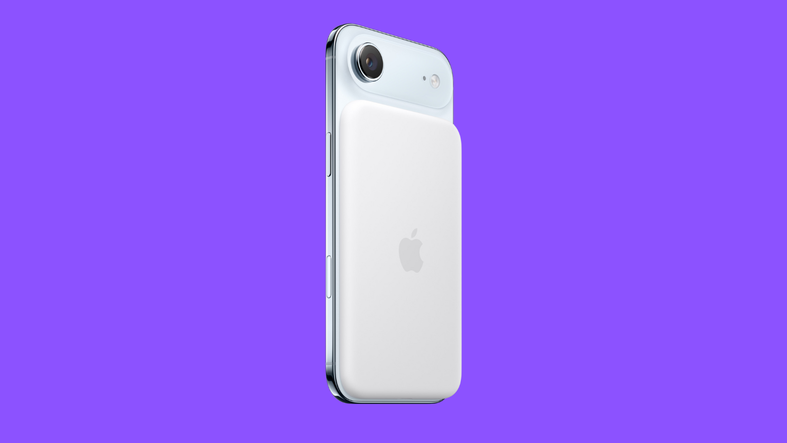 Mor zemin üzerinde beyaz MagSafe pil takılı bir iPhone Air'in arkadan görünümü.