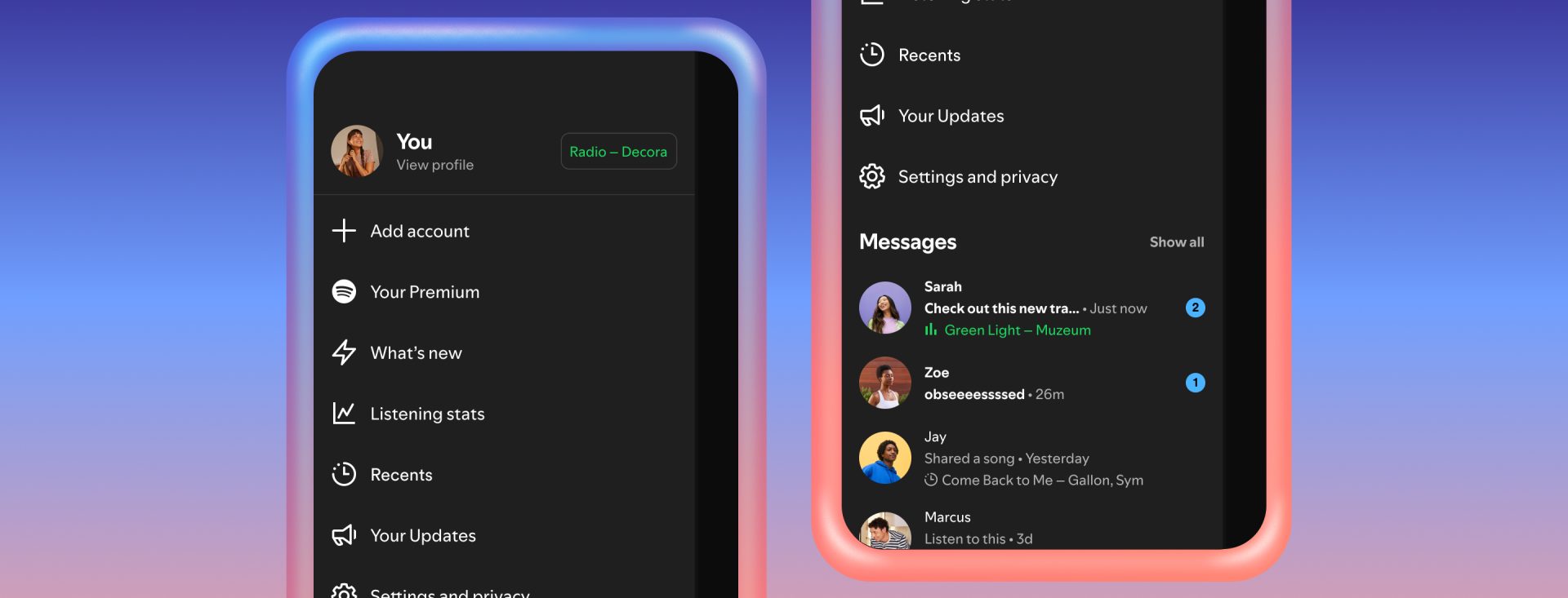 Yan yana iki Spotify ekranı: solda hesap menüsü, sağda arkadaş aktivitesi ve mesajlar listesi.
