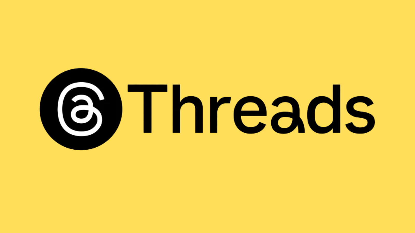 Sarı zemin üzerinde siyah Threads logosu ve yanında Threads yazısı.