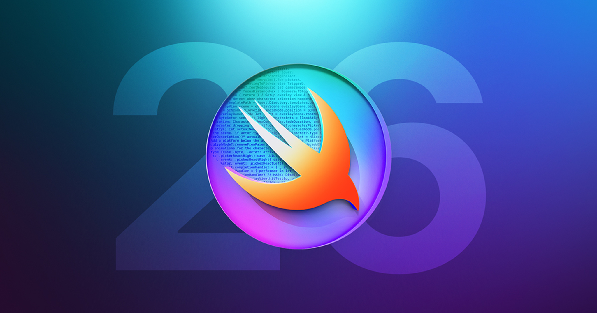 Mavi-mor degrade zemin üzerinde büyük 26 rakamı ve önünde turuncu Swift kırlangıç logosu.