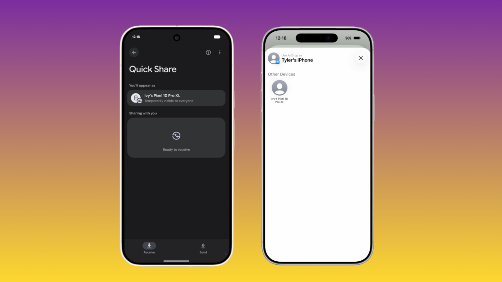 Turuncu zemin önünde yan yana iki telefon: solda Android Quick Share, sağda iPhone'un dosya paylaşım ekranı.