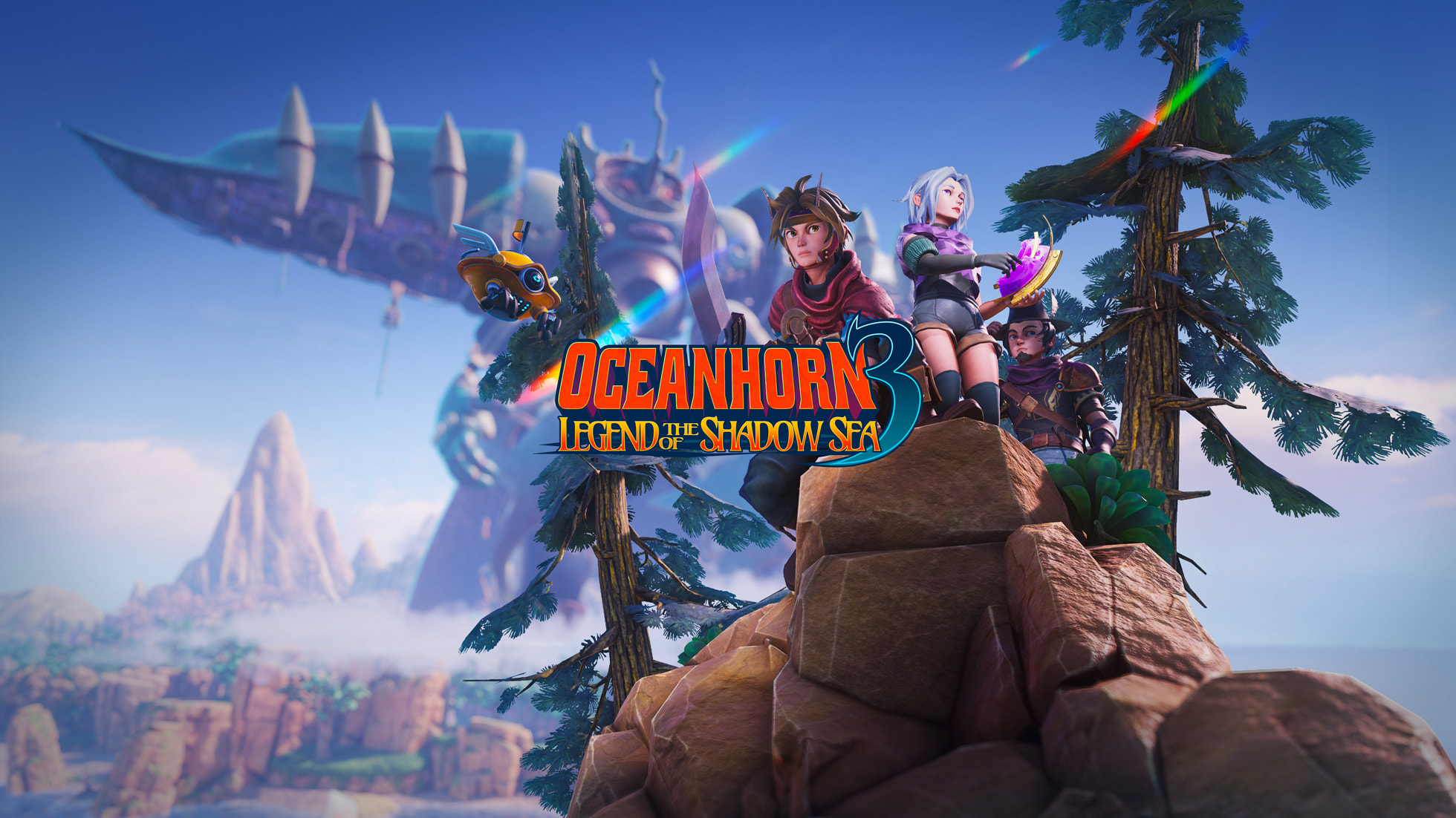 Oceanhorn 3 oyun görseli: kayalık bir tepede duran iki kahraman ve arkada uçan dev bir yaratık.