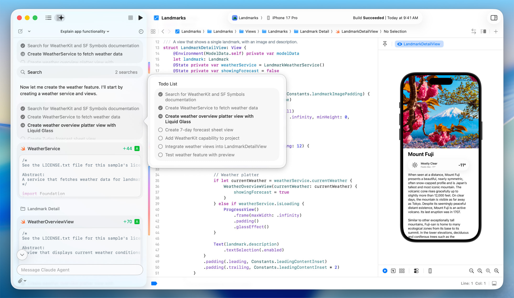 Xcode penceresinin ekran görüntüsü: solda yapay zekâ asistanı paneli, ortada kod, sağda iPhone önizlemesi.