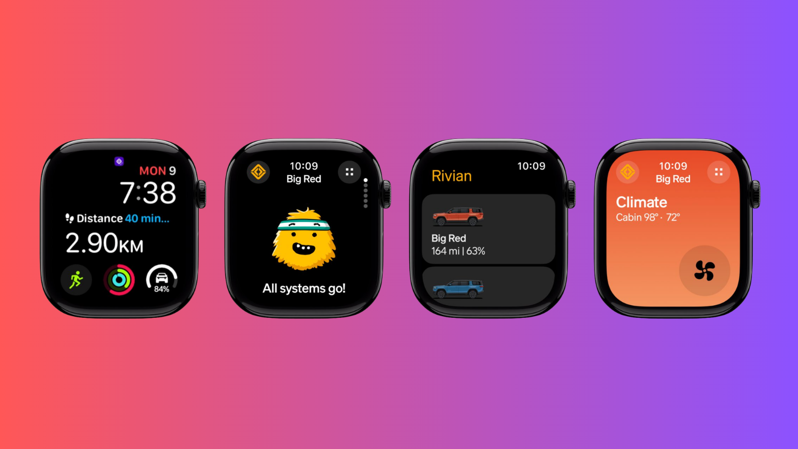 Pembe-mor degrade zemin üzerinde dört Apple Watch; ekranlarda Rivian uygulamasının araç kontrolleri görünüyor.